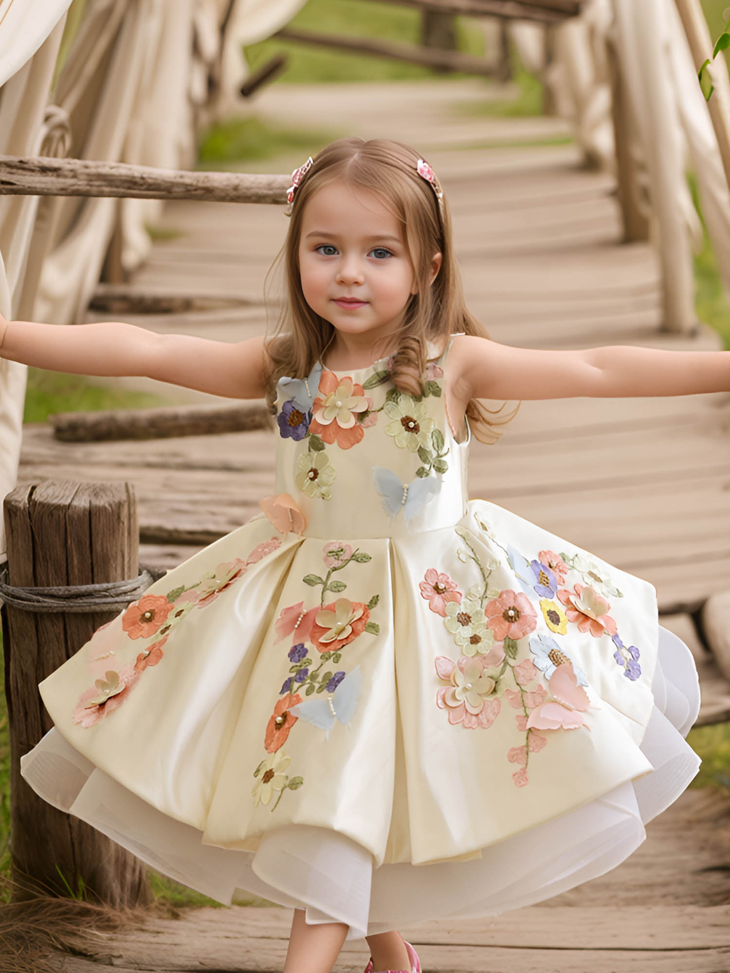 JANYAS CLOSET Off White Satin Dream Flower Dress