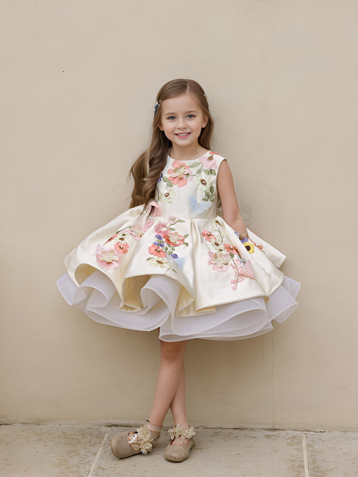 JANYAS CLOSET Off White Satin Dream Flower Dress