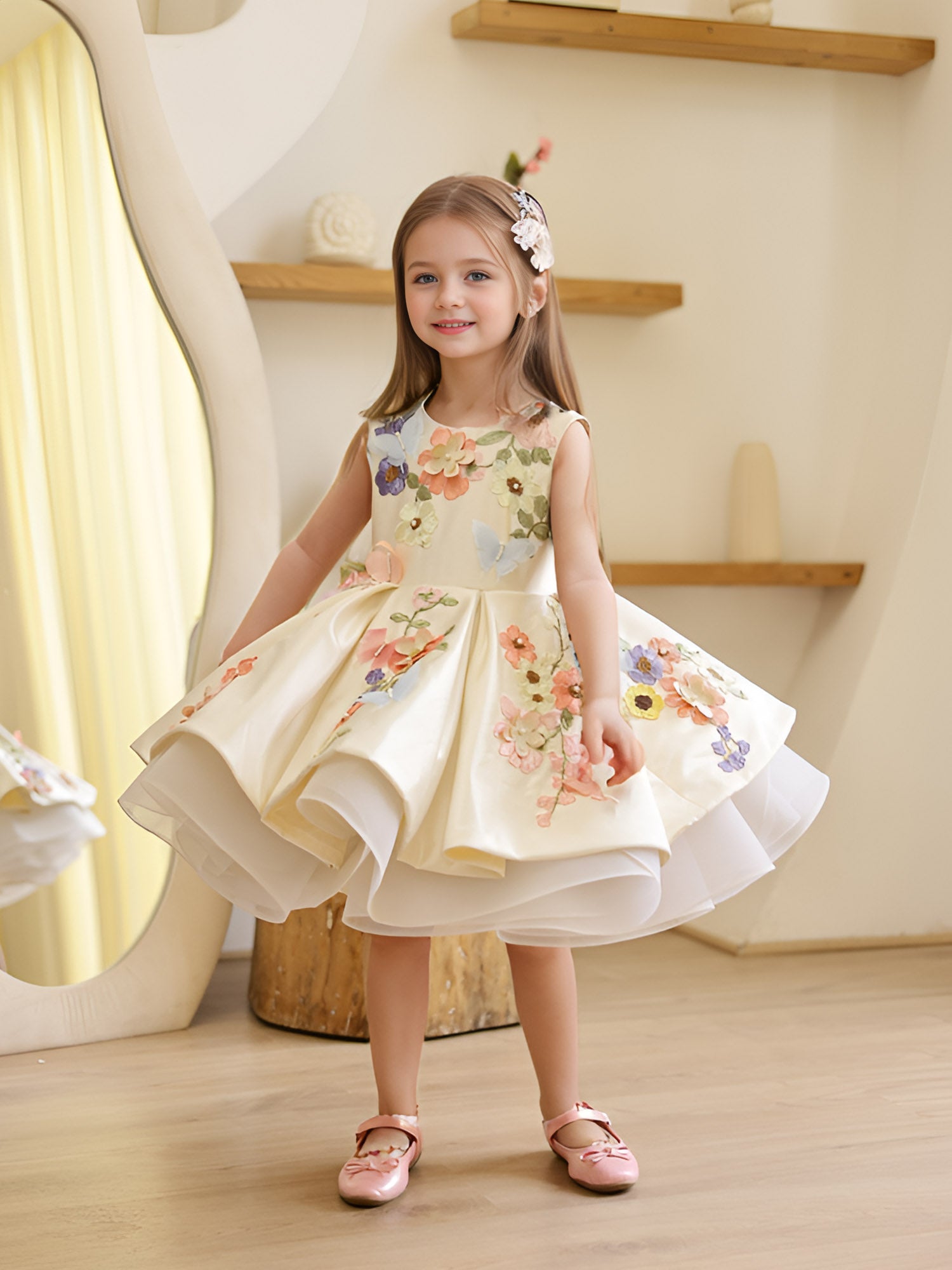 JANYAS CLOSET Off White Satin Dream Flower Dress