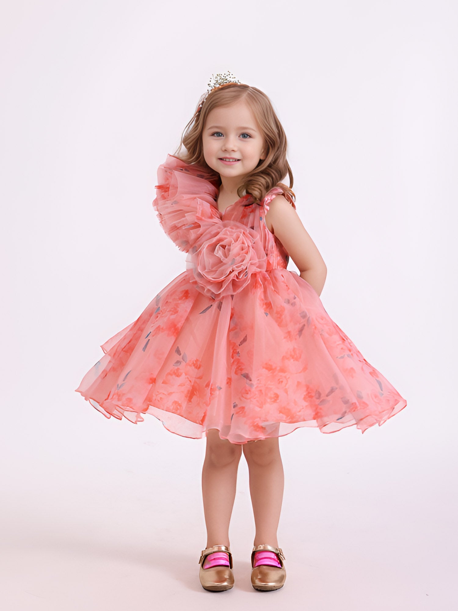 JANYAS CLOSET Peach Printed Party Drape Dress With Hair Accessory