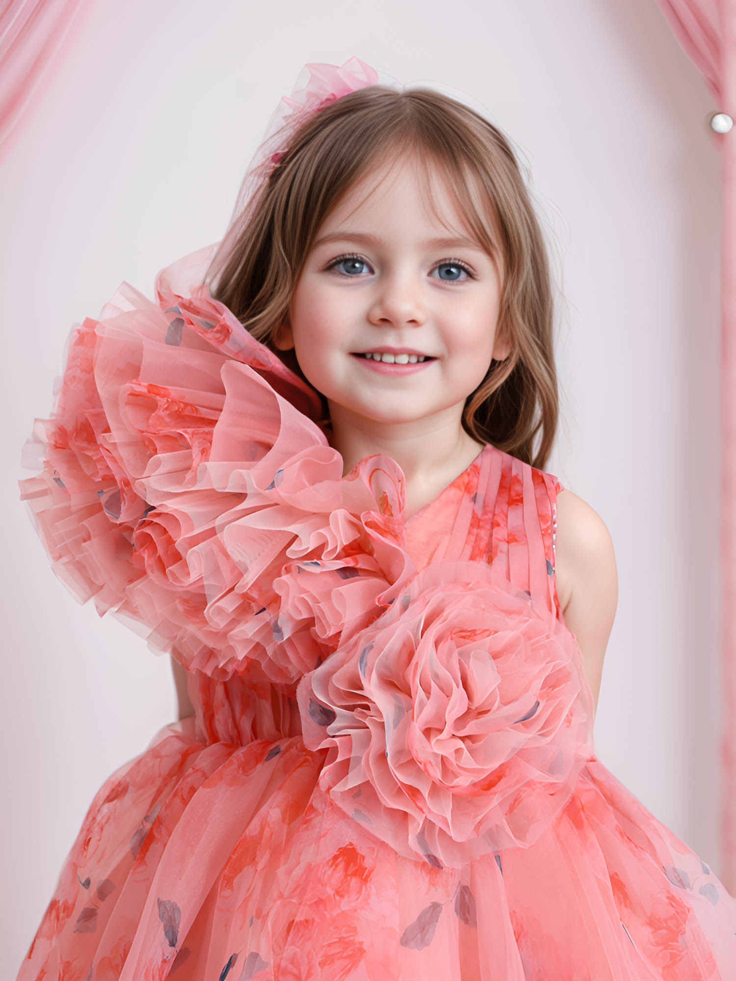 JANYAS CLOSET Peach Printed Party Drape Dress With Hair Accessory