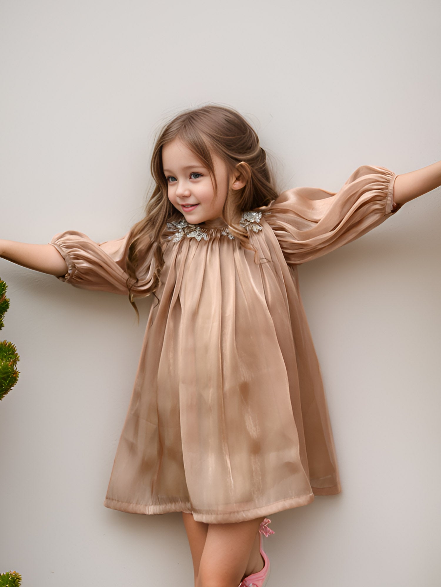 JANYAS CLOSET Metallic Gold Organza Dress with Puff Sleeves
