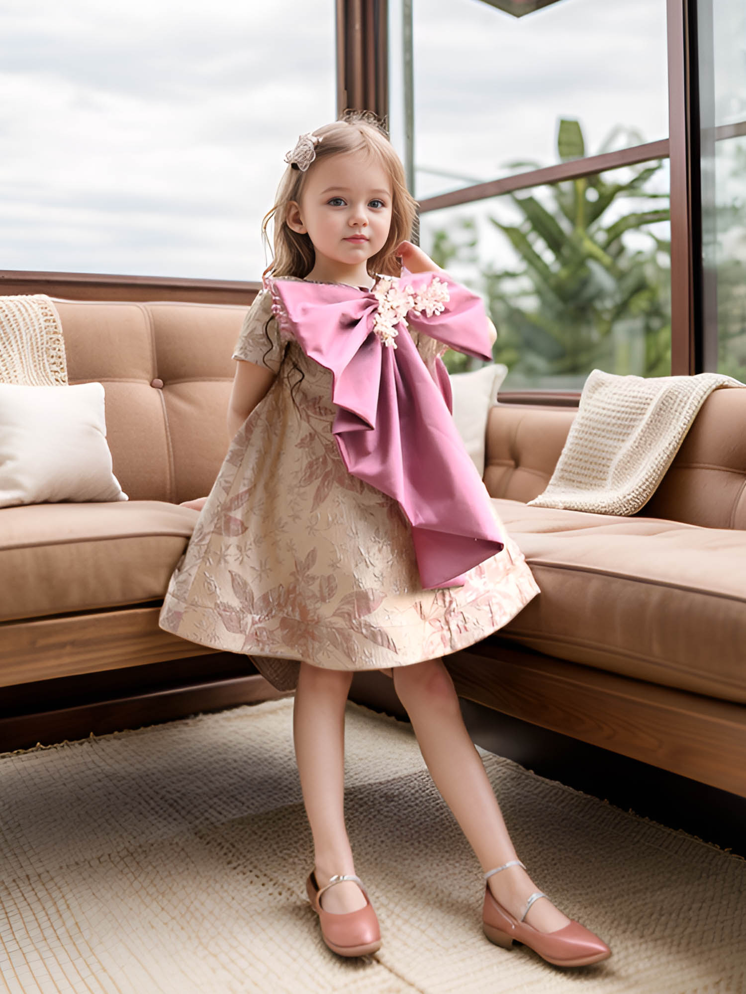 JANYAS CLOSET Mauve Jacquard Belle Bow Dress
