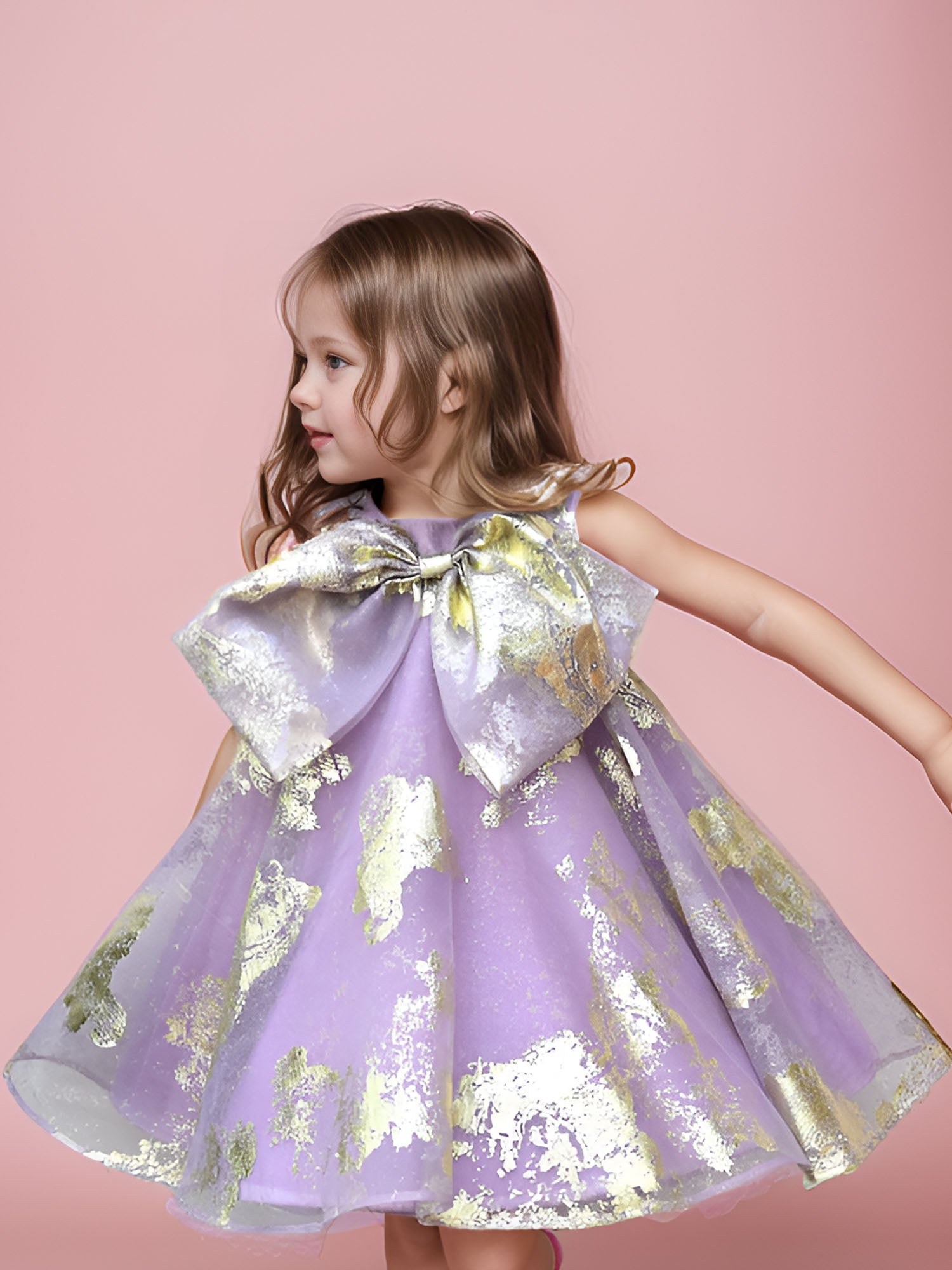 JANYAS CLOSET Purple Foil Printed A-Line Dress with Bow