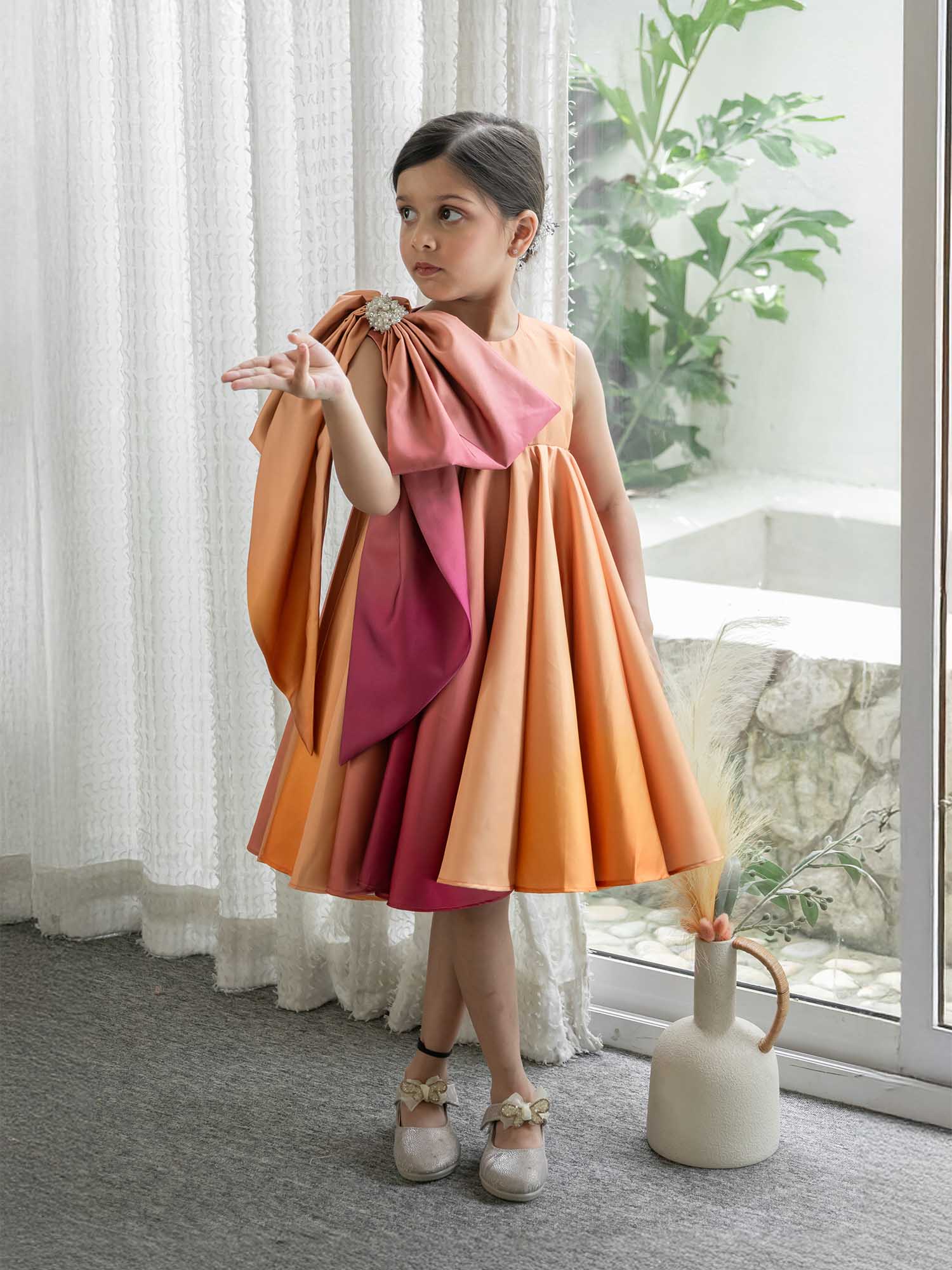 JANYAS CLSOET Ombre Rust Satin Dress with Shoulder Bow