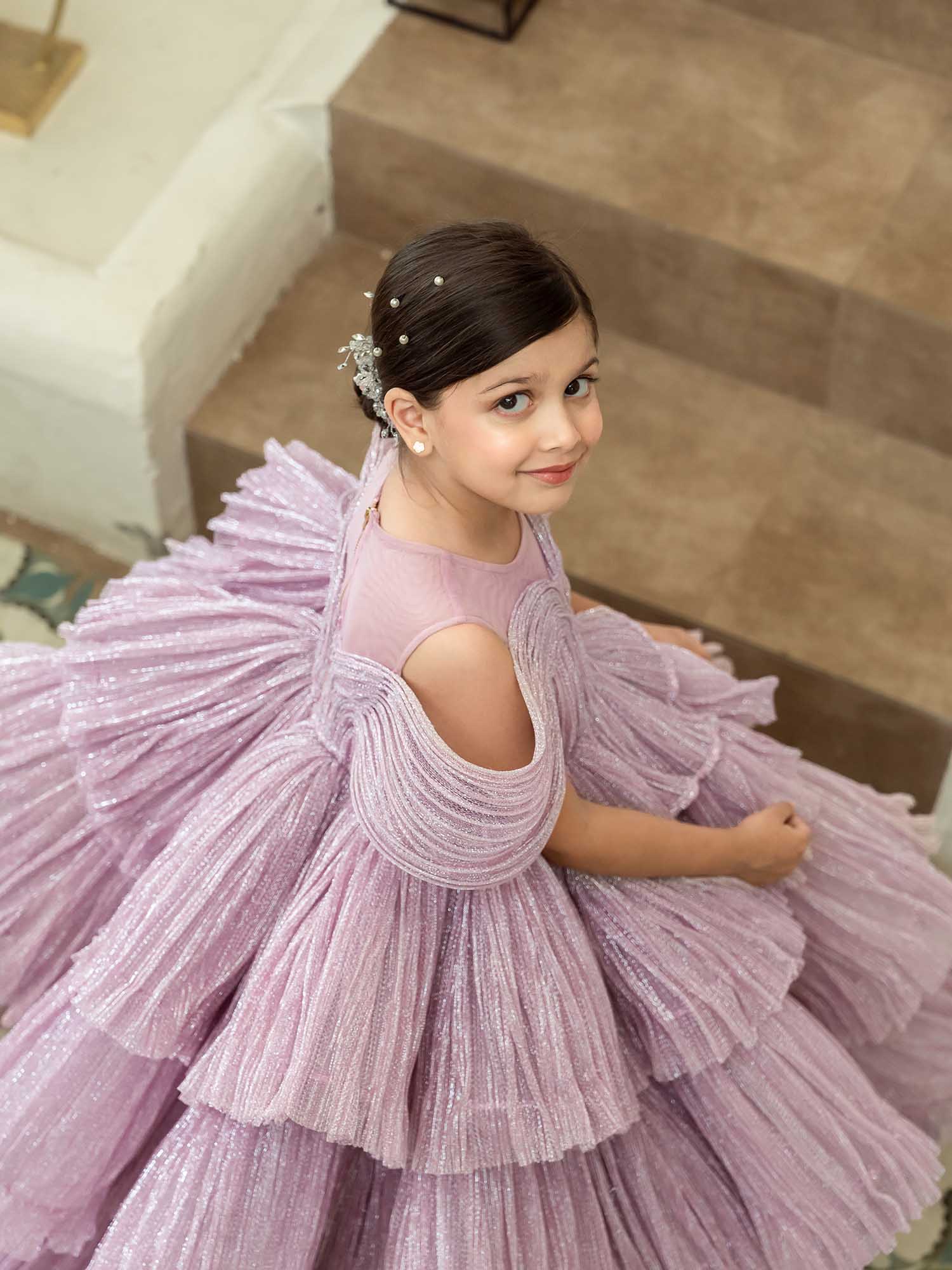 JANYAS CLOSET Ethereal Rose Pleated Gown with Removable Flair