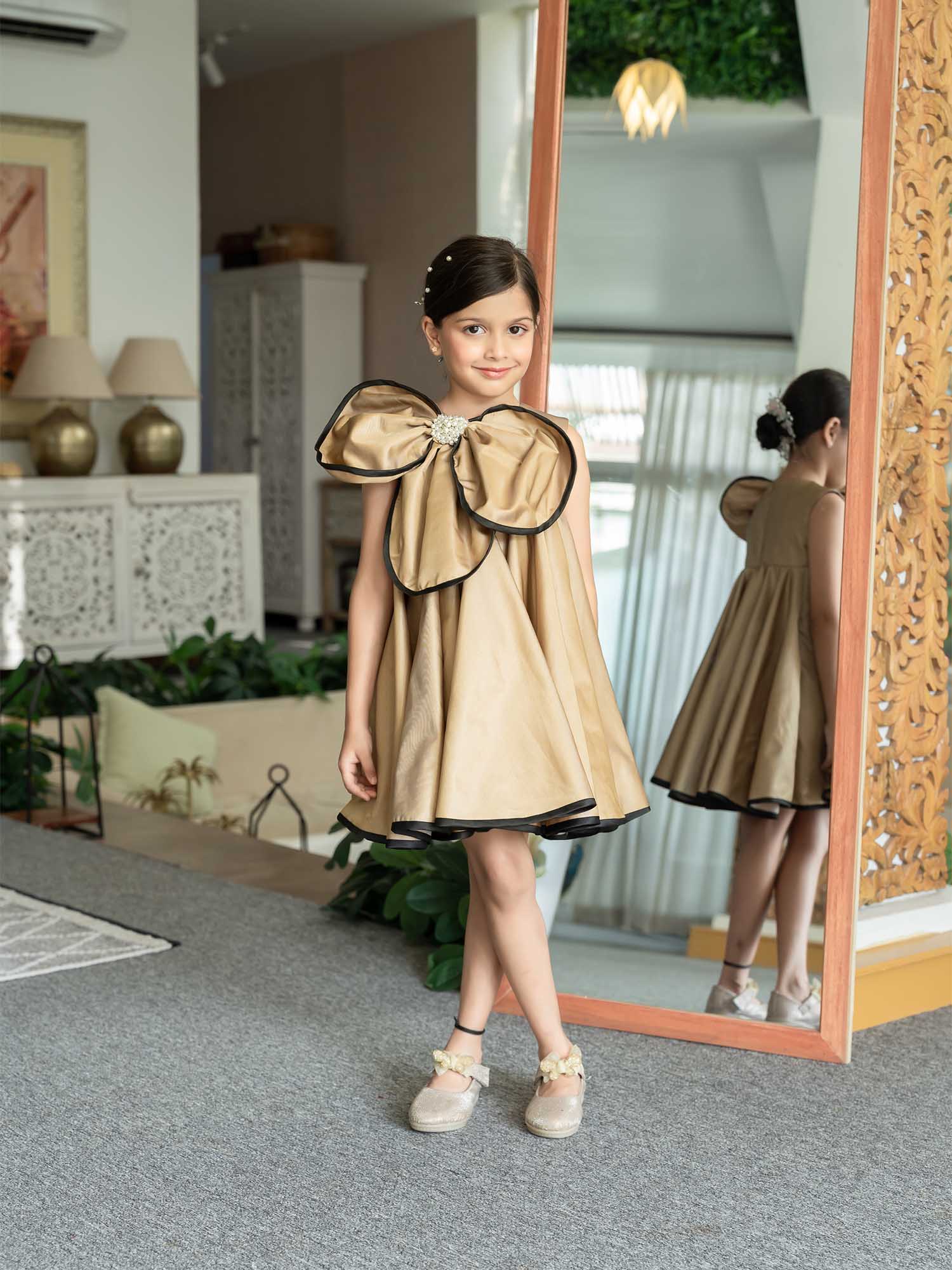 JANYAS CLOSET Luxe Gold Brown Flower Satin Dress