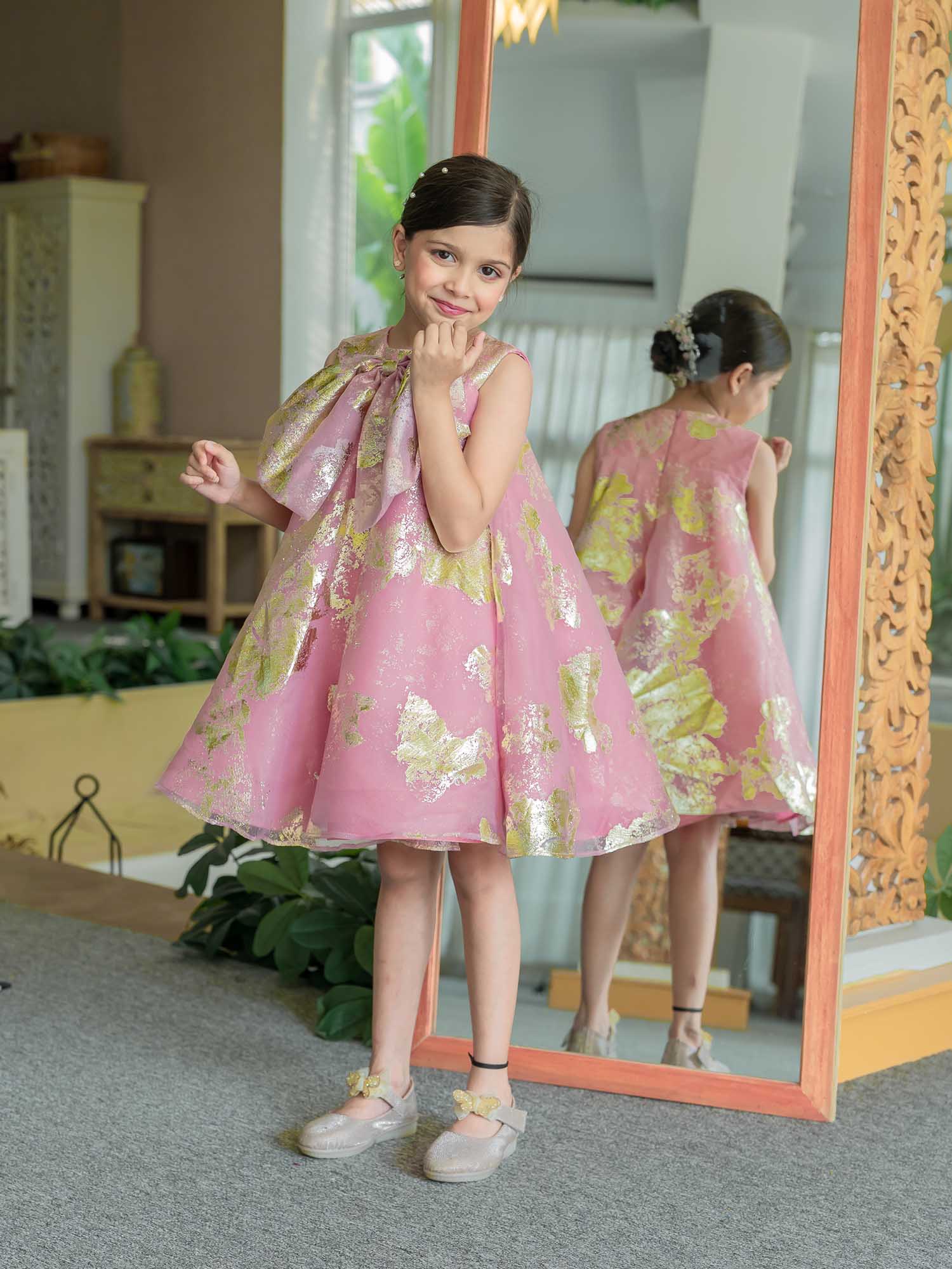 JANYAS CLOSET Pink Foil Printed A-Line Dress with Bow