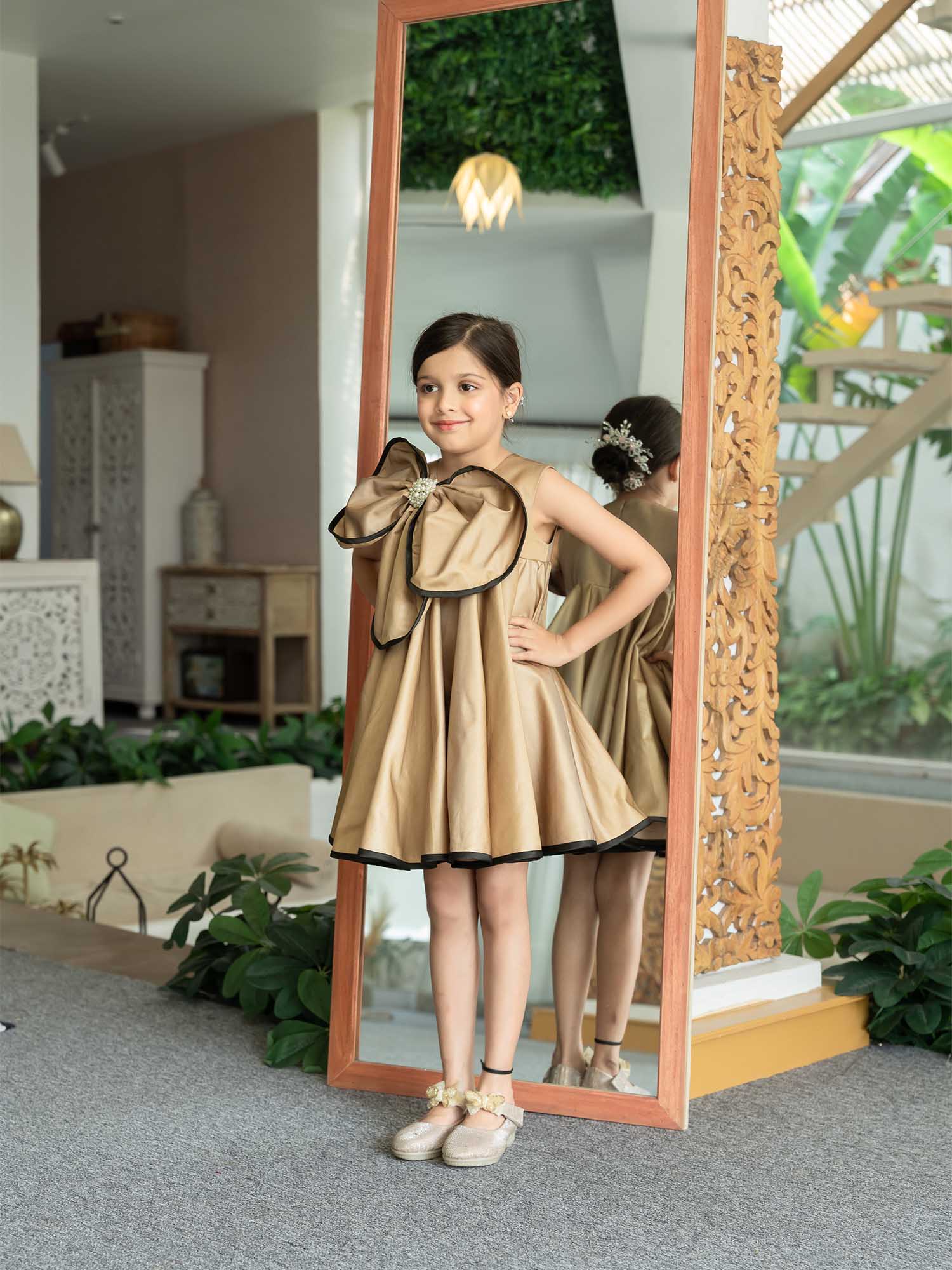 JANYAS CLOSET Luxe Gold Brown Flower Satin Dress