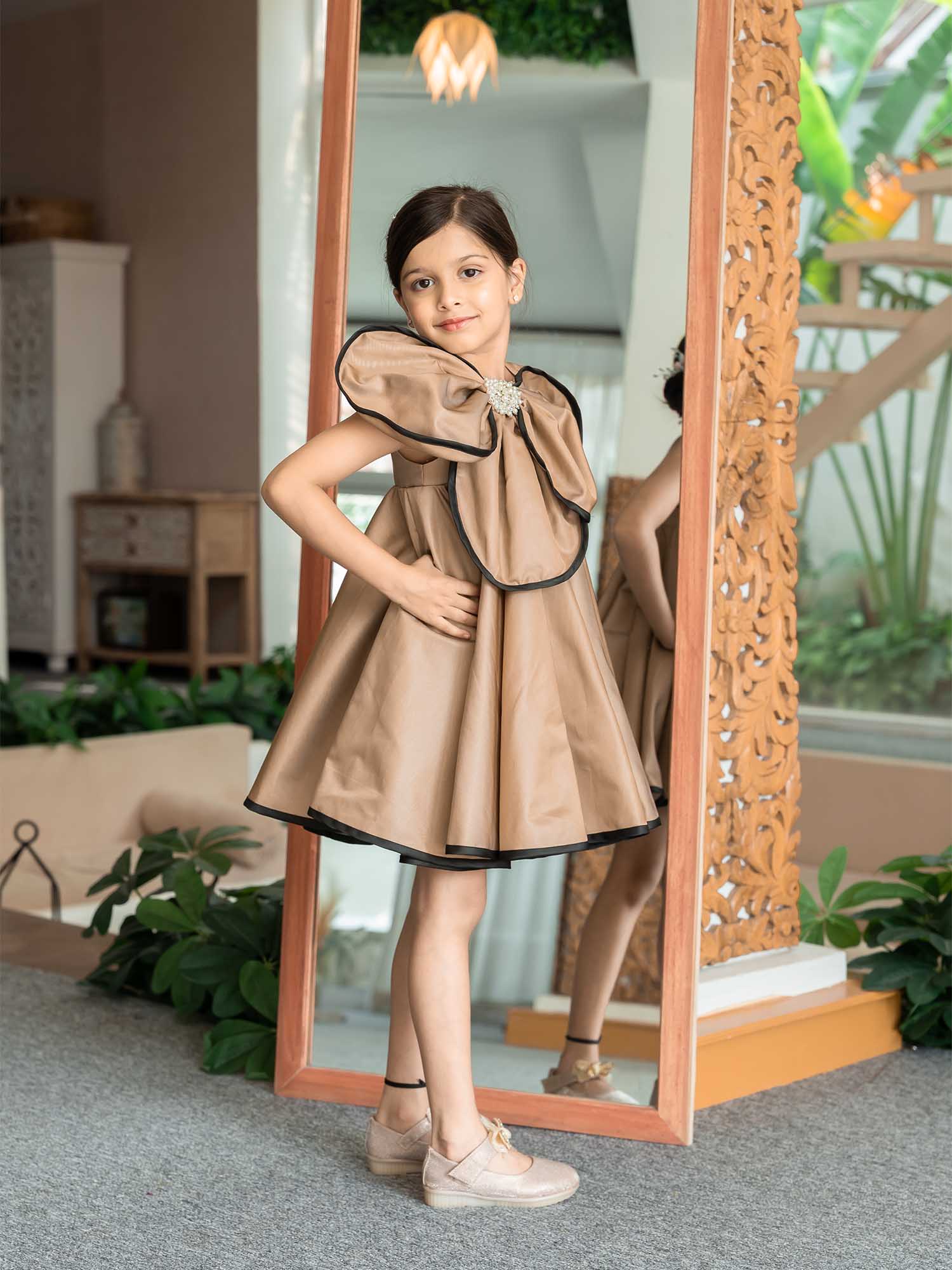 JANYAS CLOSET Luxe Gold Brown Flower Satin Dress
