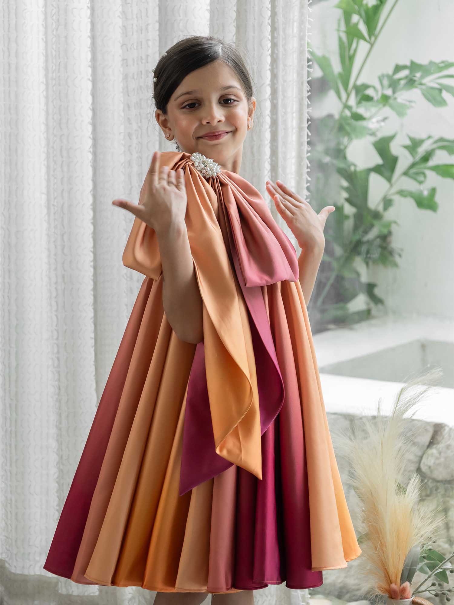 JANYAS CLSOET Ombre Rust Satin Dress with Shoulder Bow