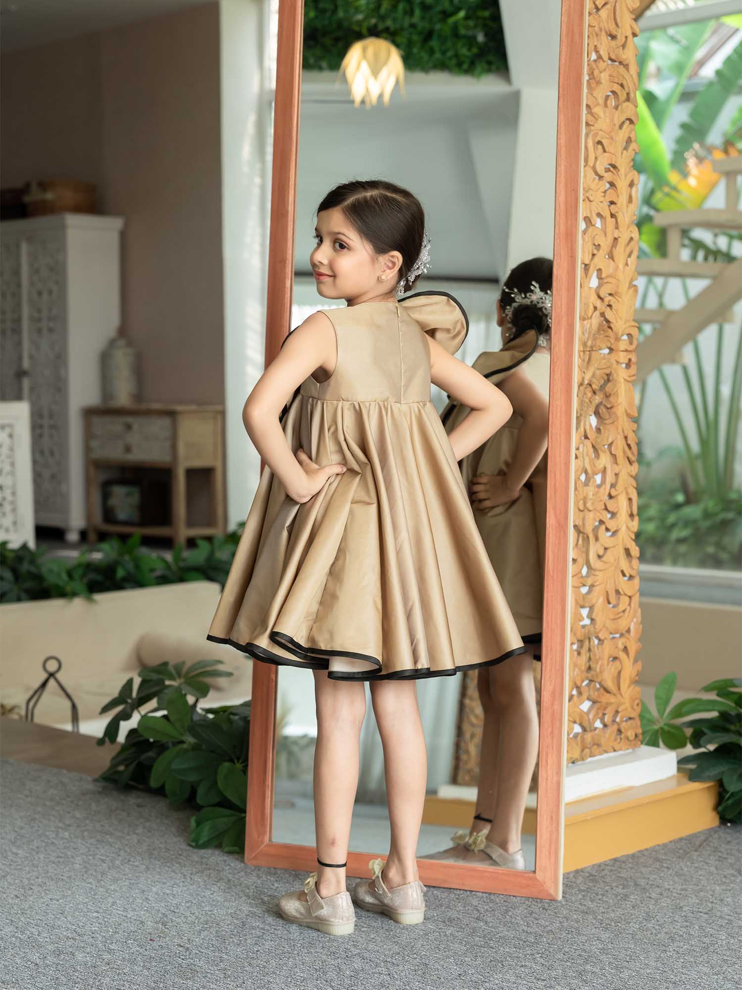 JANYAS CLOSET Luxe Gold Brown Flower Satin Dress