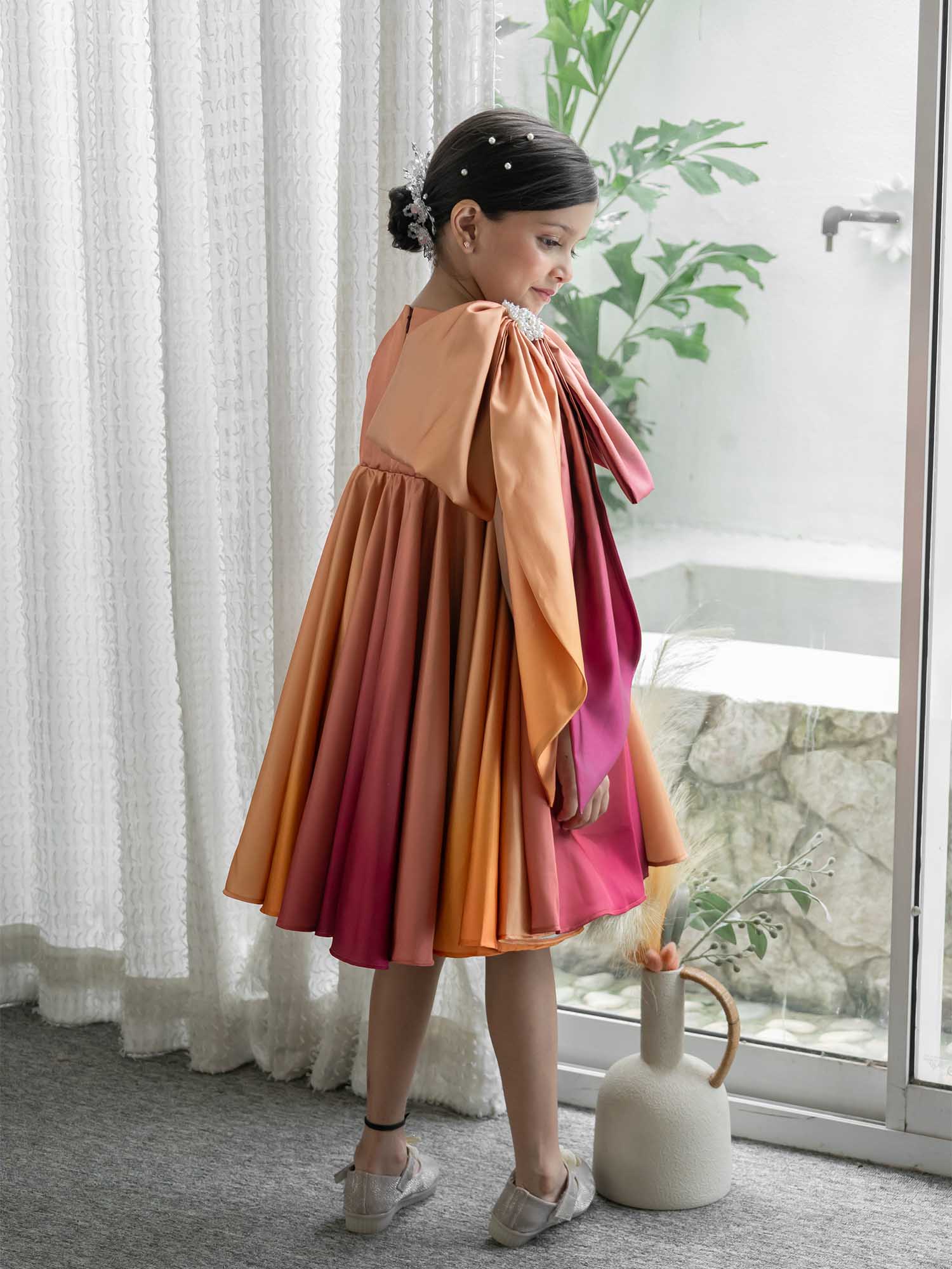 JANYAS CLSOET Ombre Rust Satin Dress with Shoulder Bow