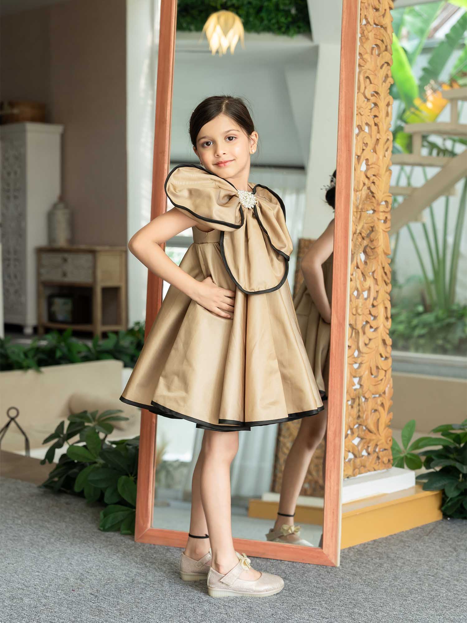 JANYAS CLOSET Luxe Gold Brown Flower Satin Dress