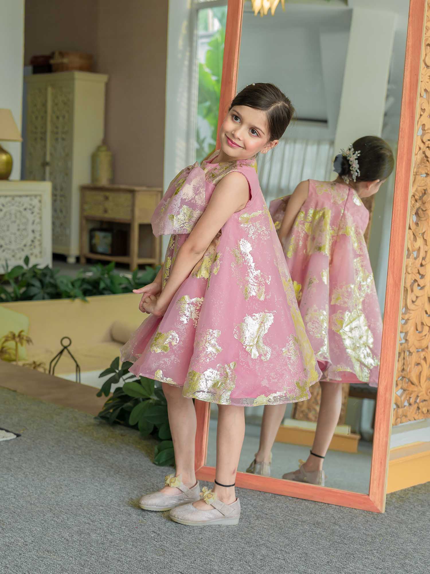 JANYAS CLOSET Pink Foil Printed A-Line Dress with Bow
