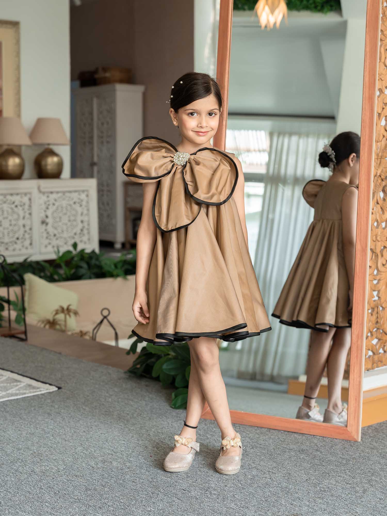 JANYAS CLOSET Luxe Gold Brown Flower Satin Dress