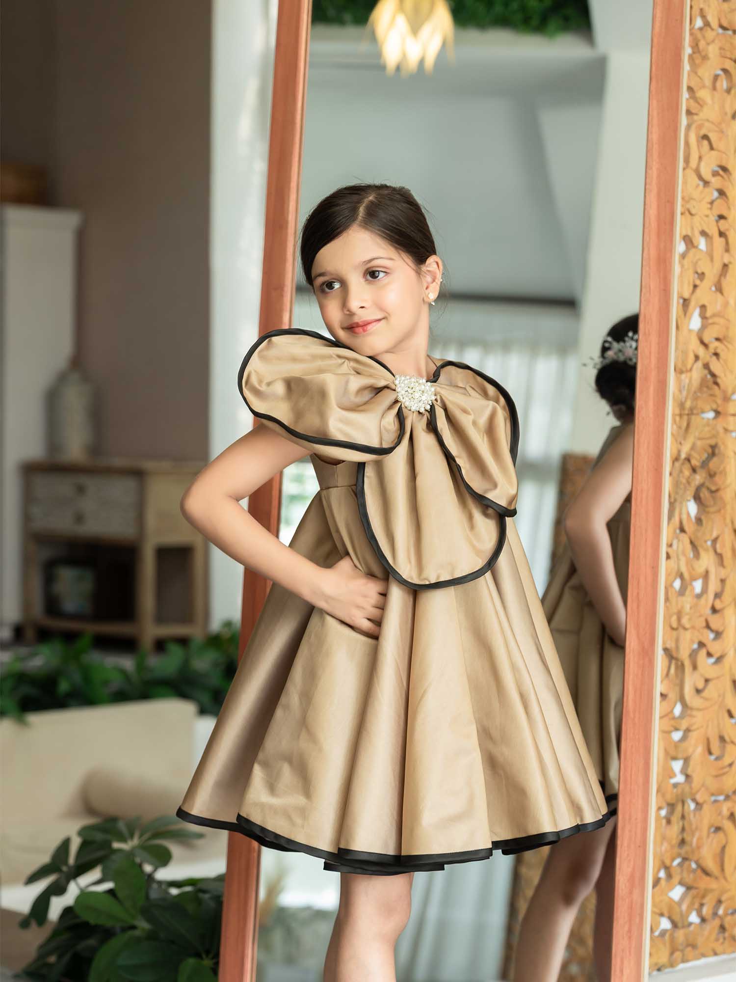 JANYAS CLOSET Luxe Gold Brown Flower Satin Dress