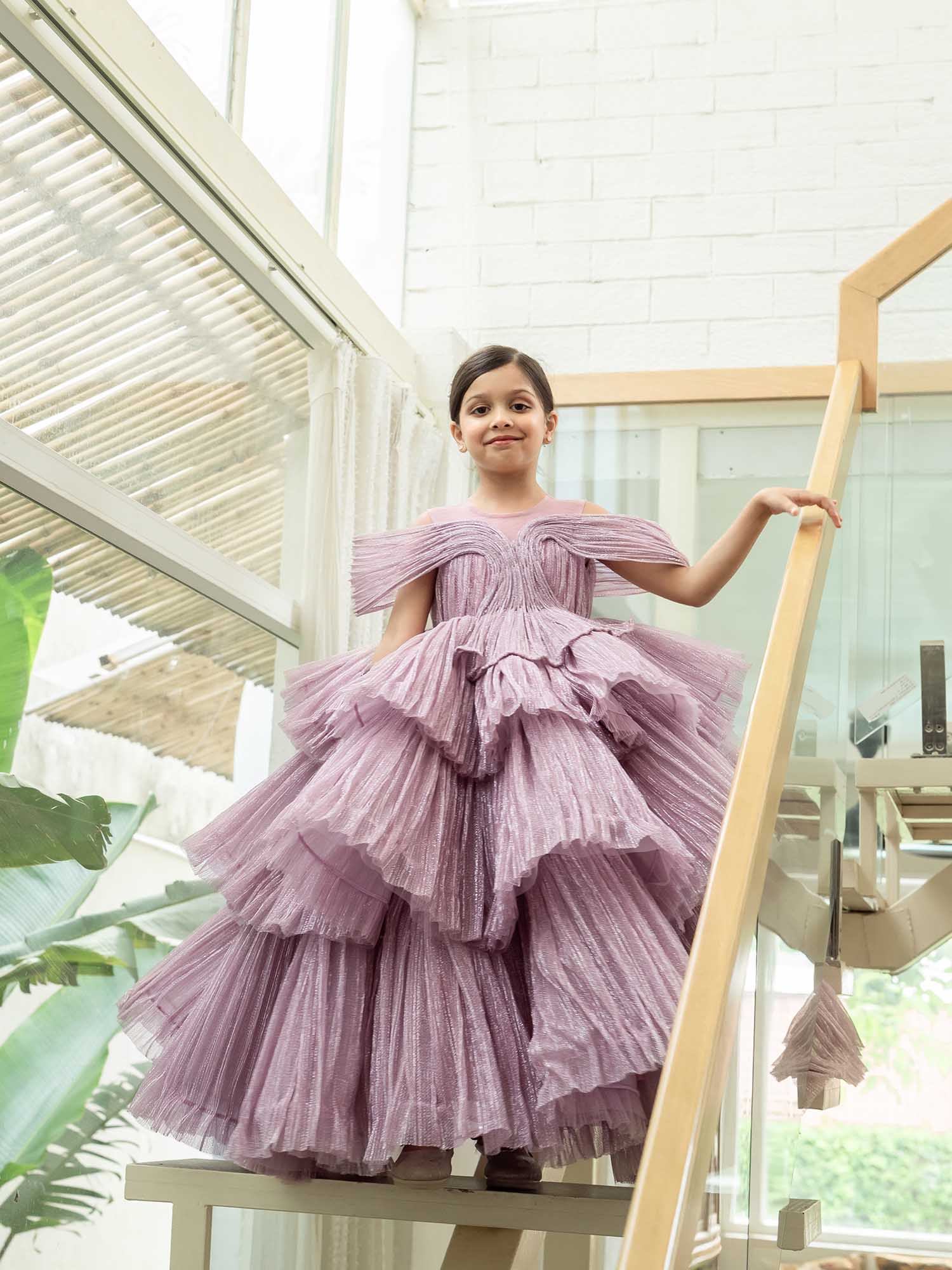 JANYAS CLOSET Ethereal Rose Pleated Gown with Removable Flair