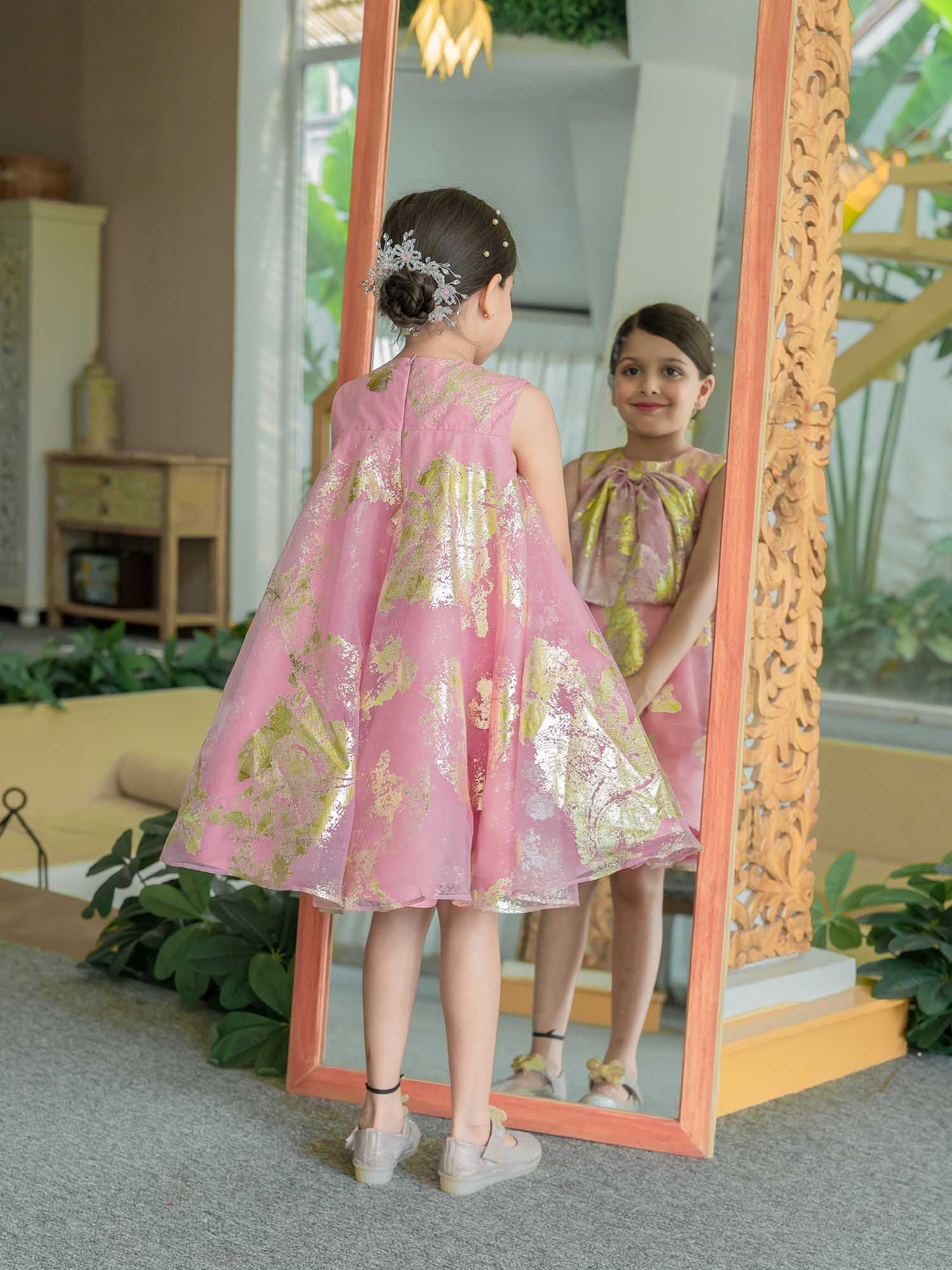 JANYAS CLOSET Pink Foil Printed A-Line Dress with Bow
