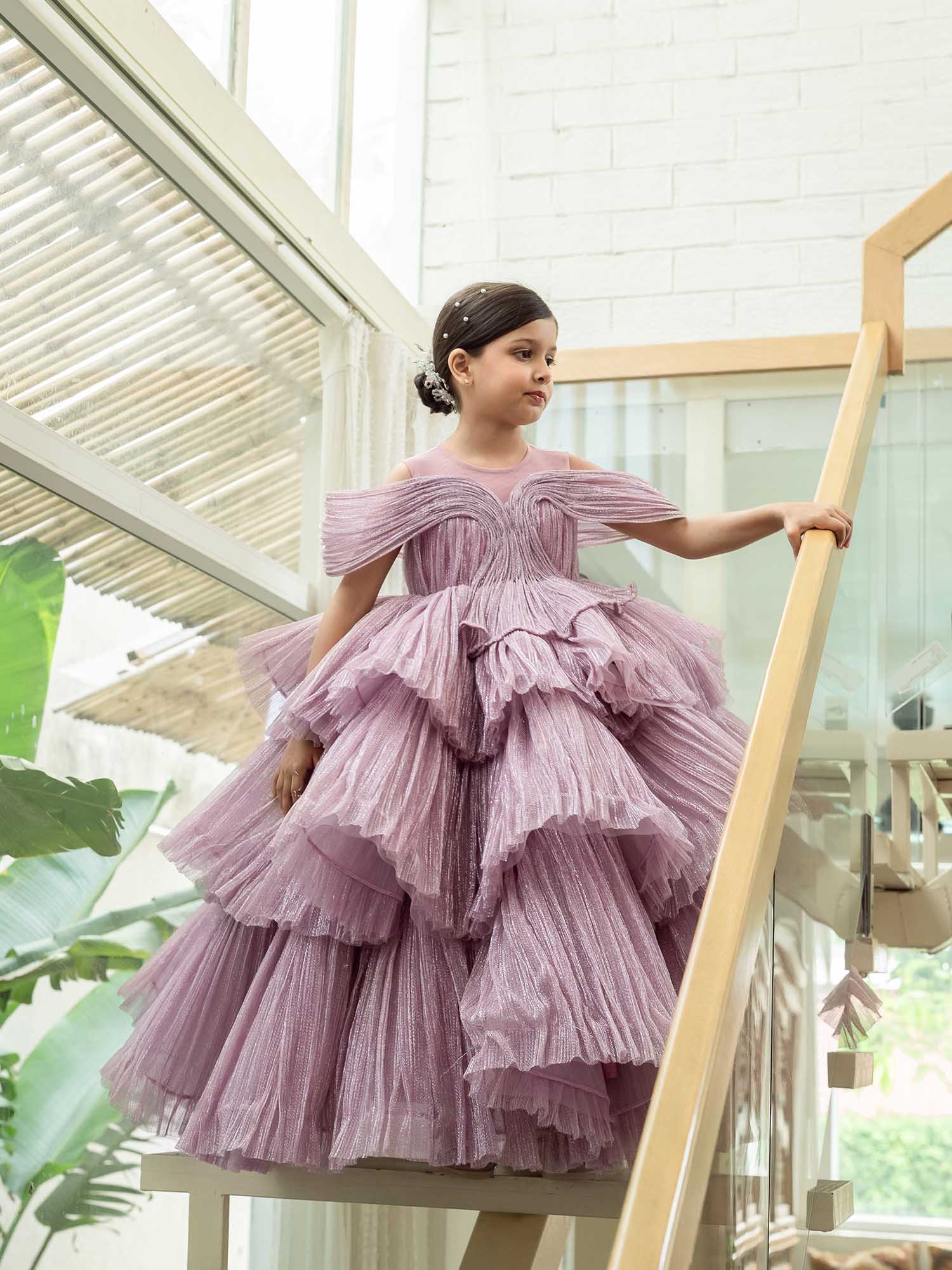 JANYAS CLOSET Ethereal Rose Pleated Gown with Removable Flair