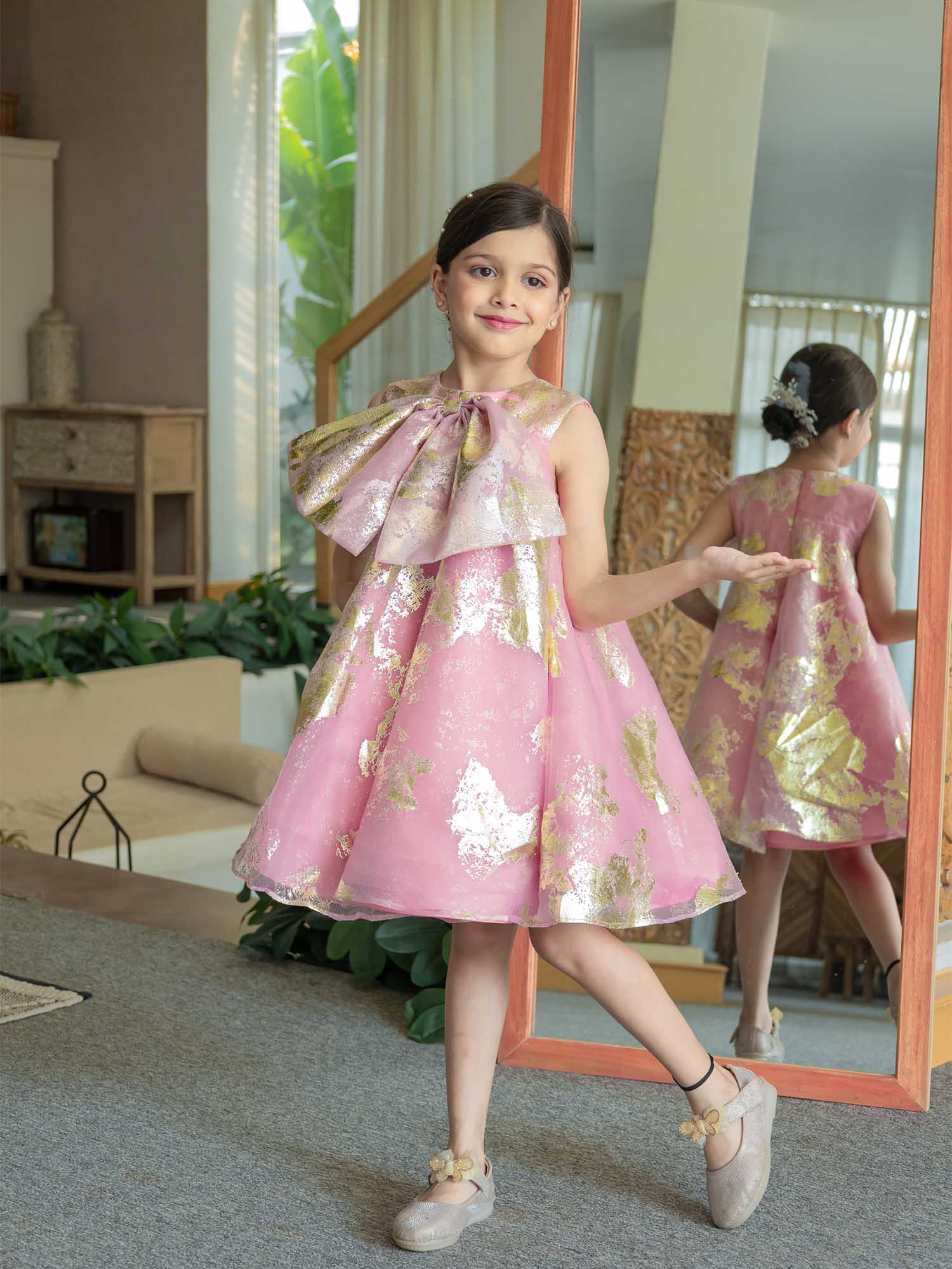 JANYAS CLOSET Pink Foil Printed A-Line Dress with Bow