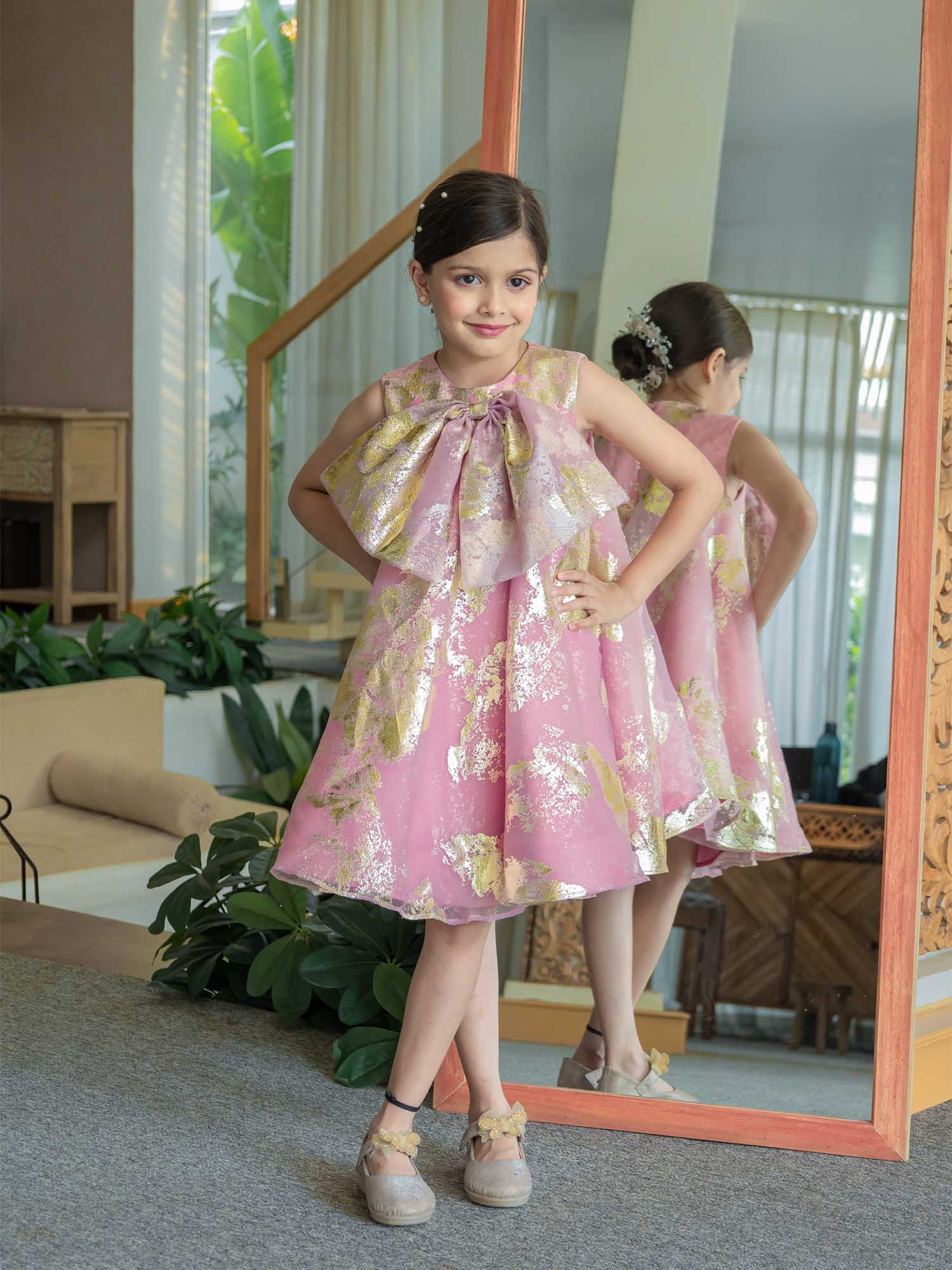JANYAS CLOSET Pink Foil Printed A-Line Dress with Bow