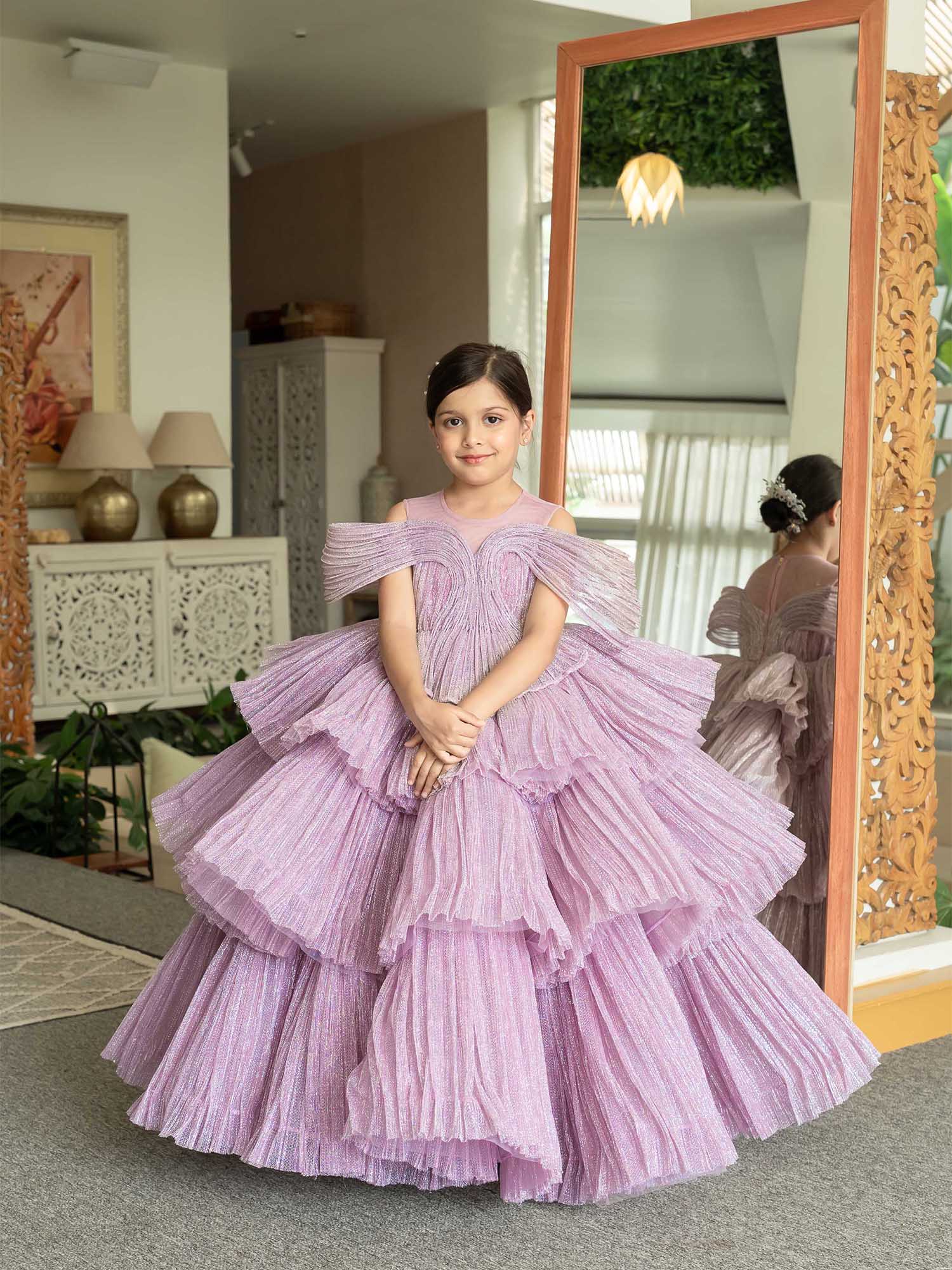JANYAS CLOSET Ethereal Rose Pleated Gown with Removable Flair