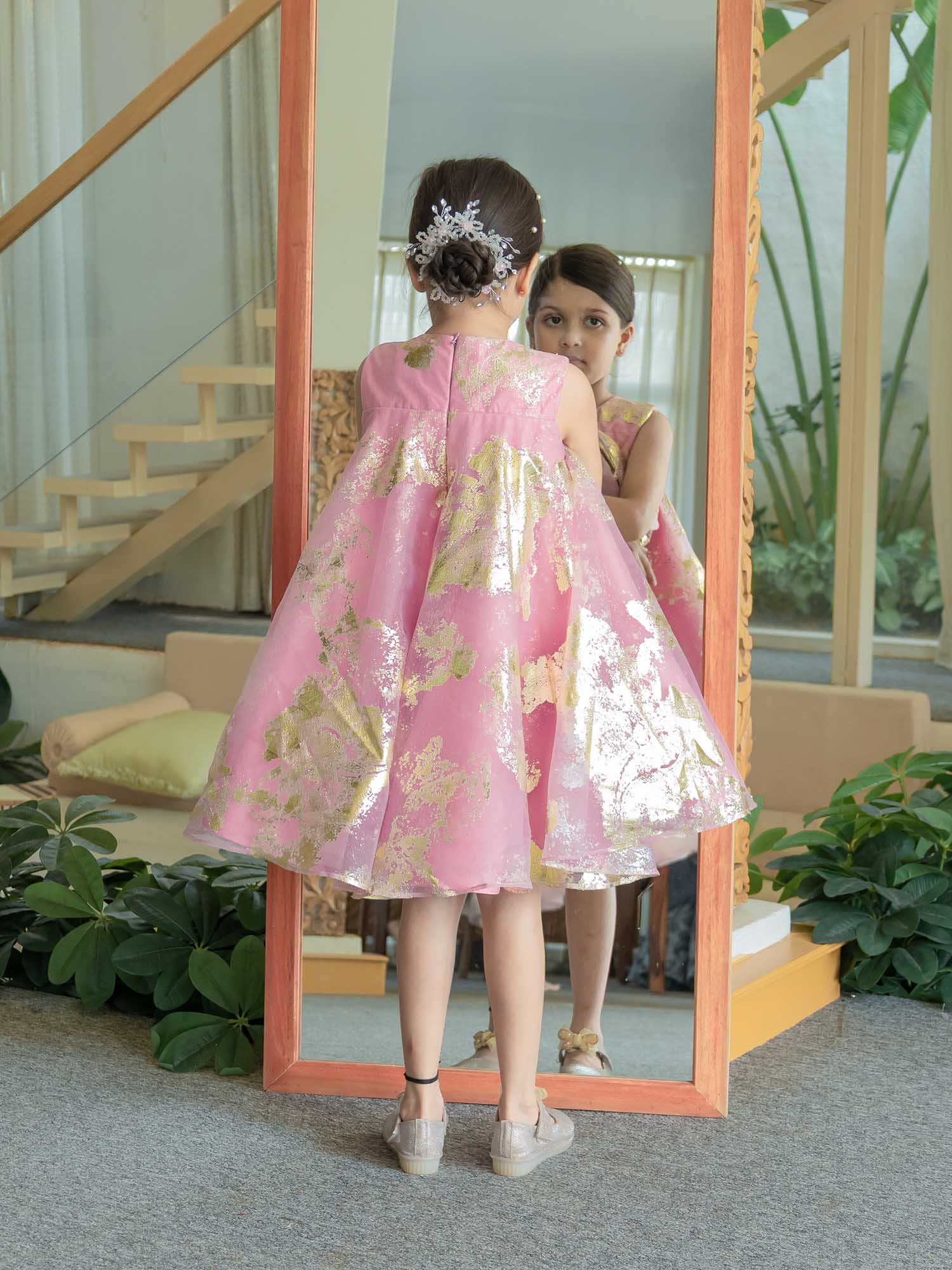 JANYAS CLOSET Pink Foil Printed A-Line Dress with Bow