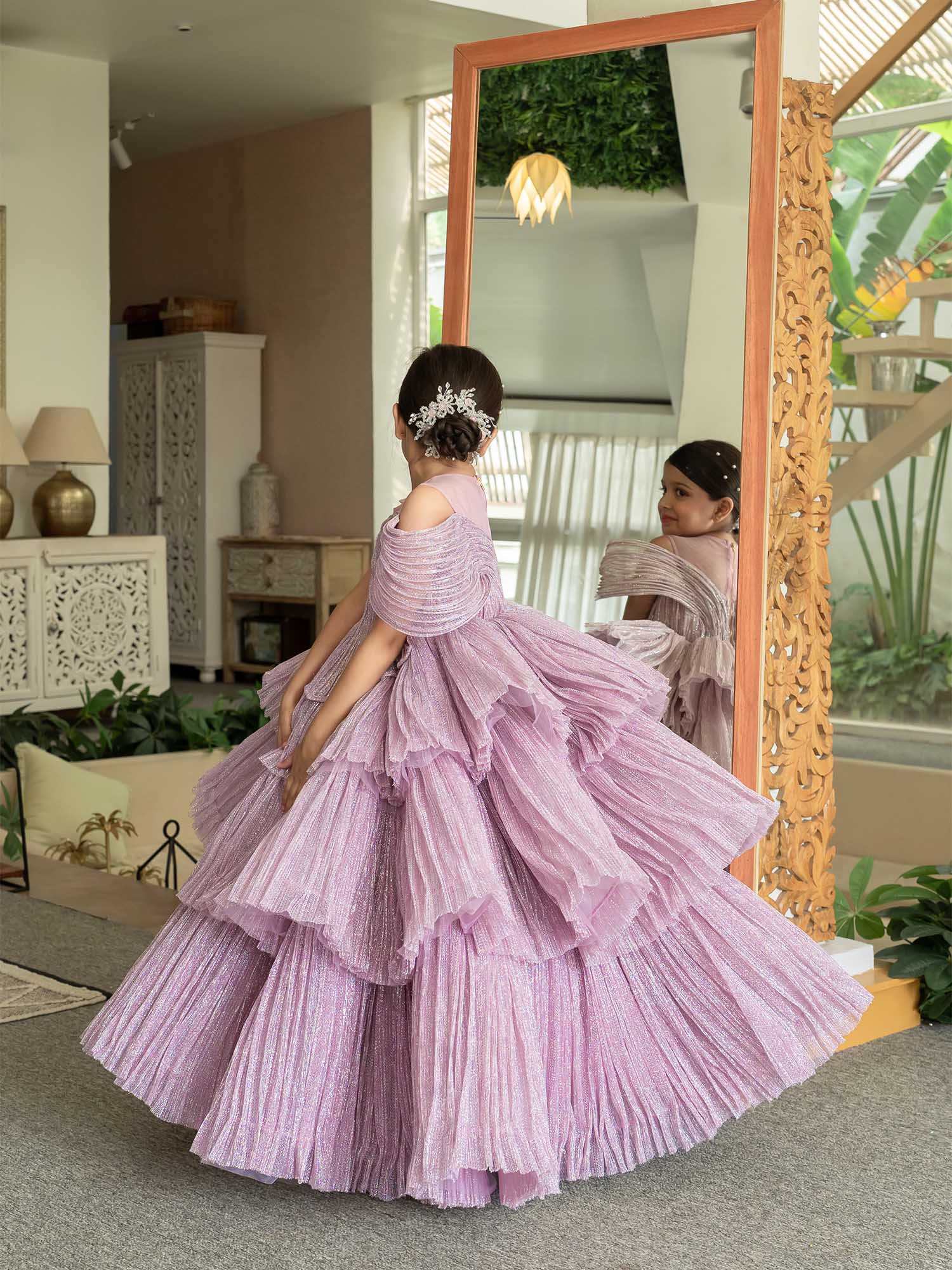 JANYAS CLOSET Ethereal Rose Pleated Gown with Removable Flair