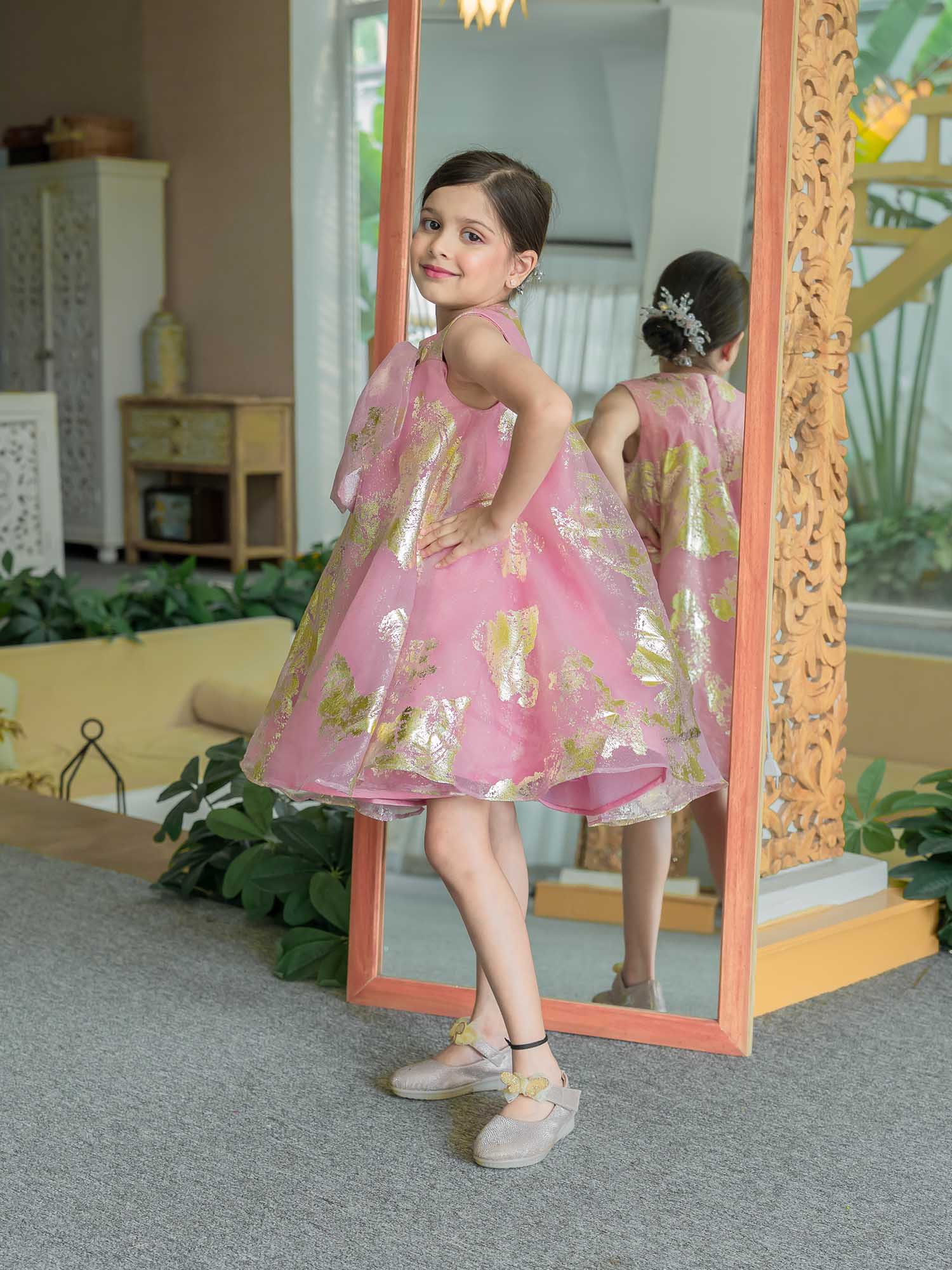 JANYAS CLOSET Pink Foil Printed A-Line Dress with Bow