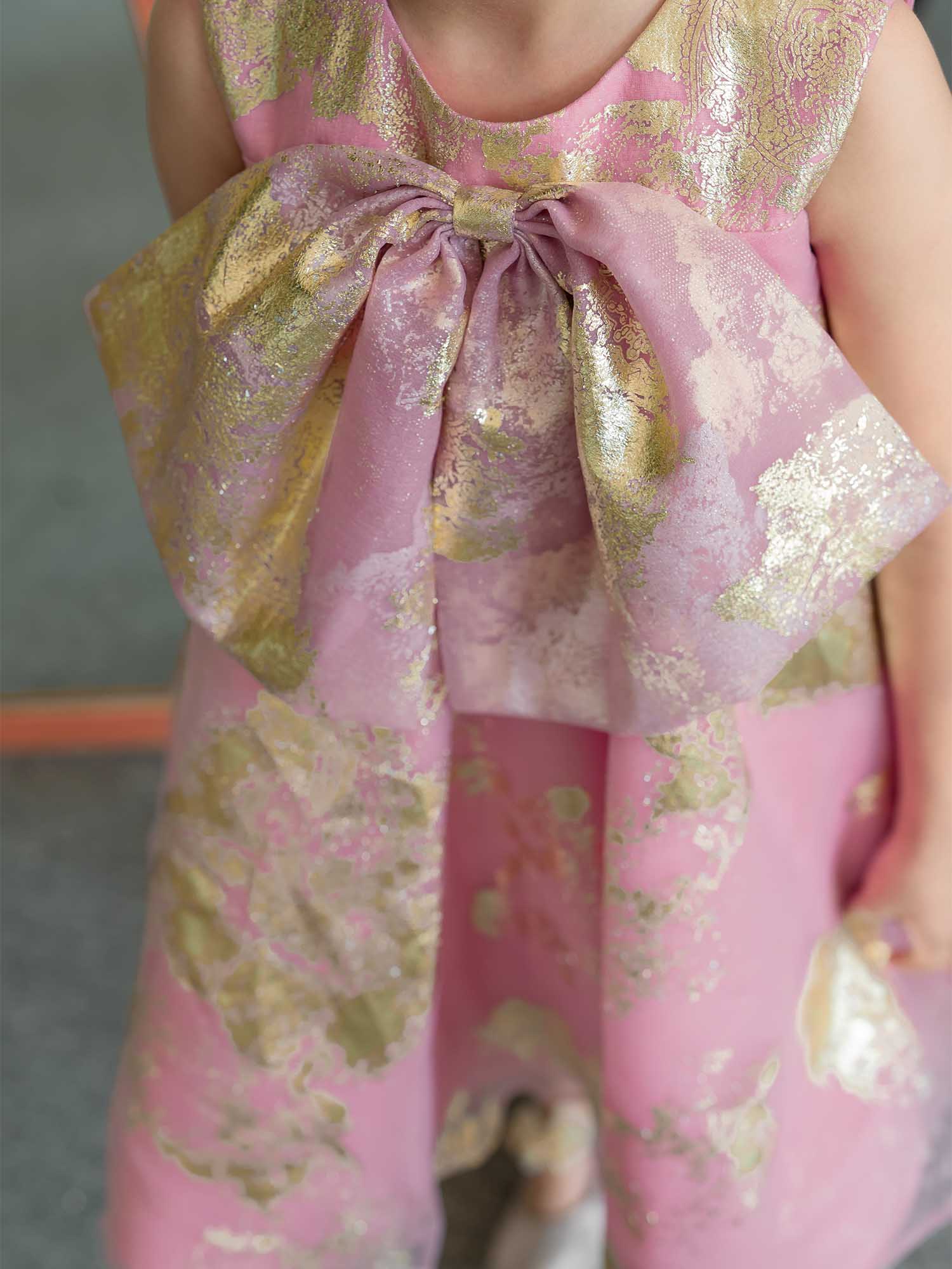 JANYAS CLOSET Pink Foil Printed A-Line Dress with Bow