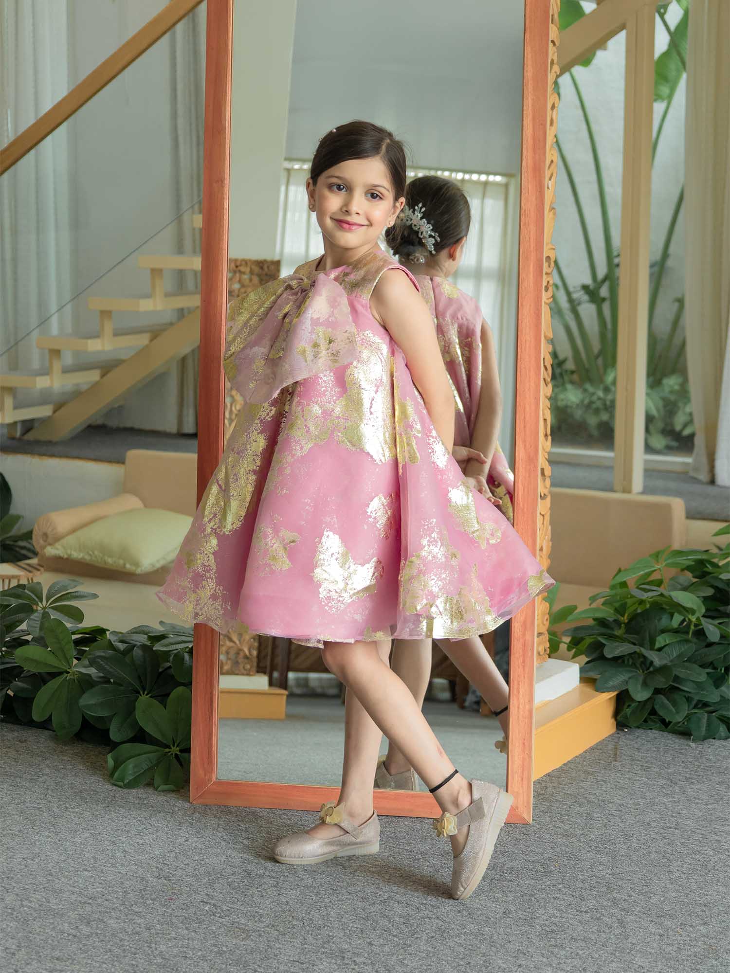 JANYAS CLOSET Pink Foil Printed A-Line Dress with Bow