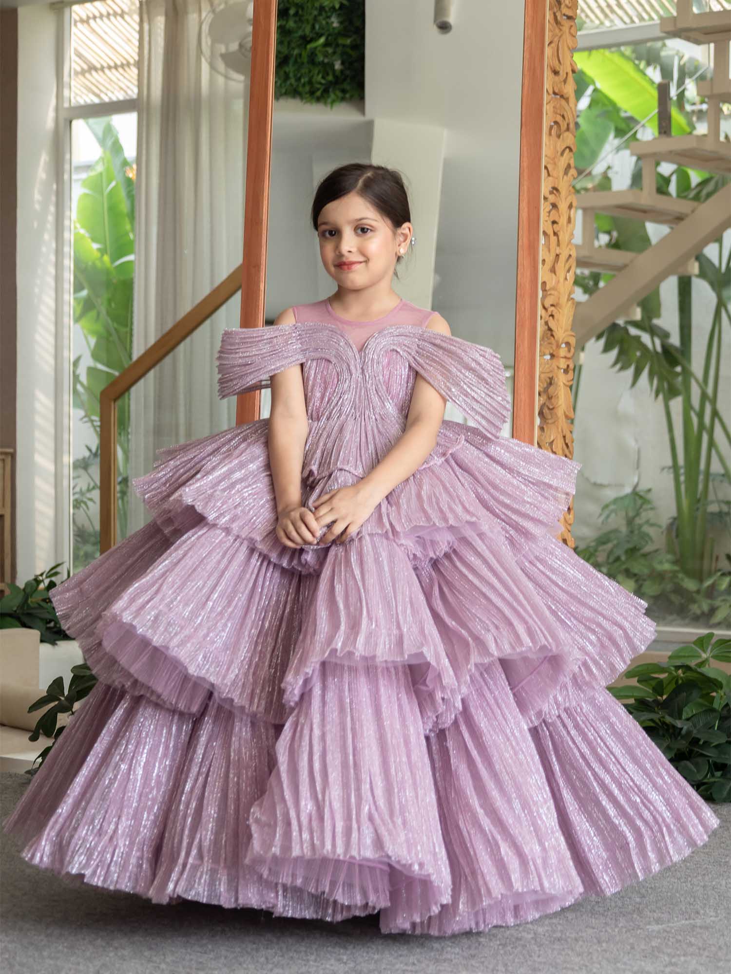 JANYAS CLOSET Ethereal Rose Pleated Gown with Removable Flair