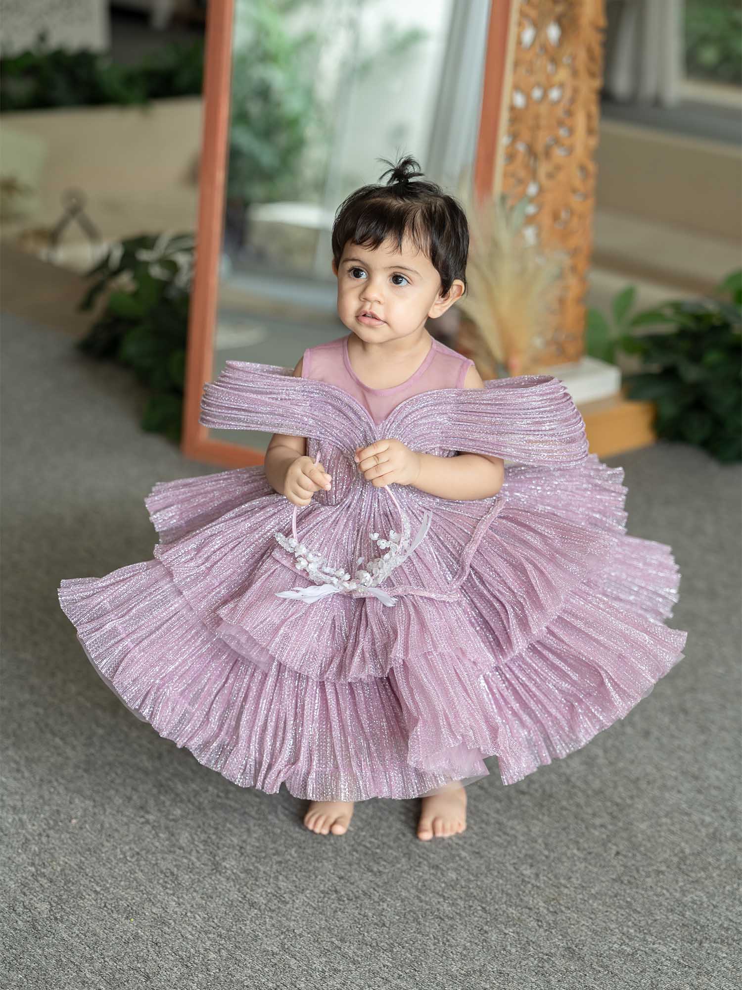JANYAS CLOSET Ethereal Rose Pleated Gown with Removable Flair