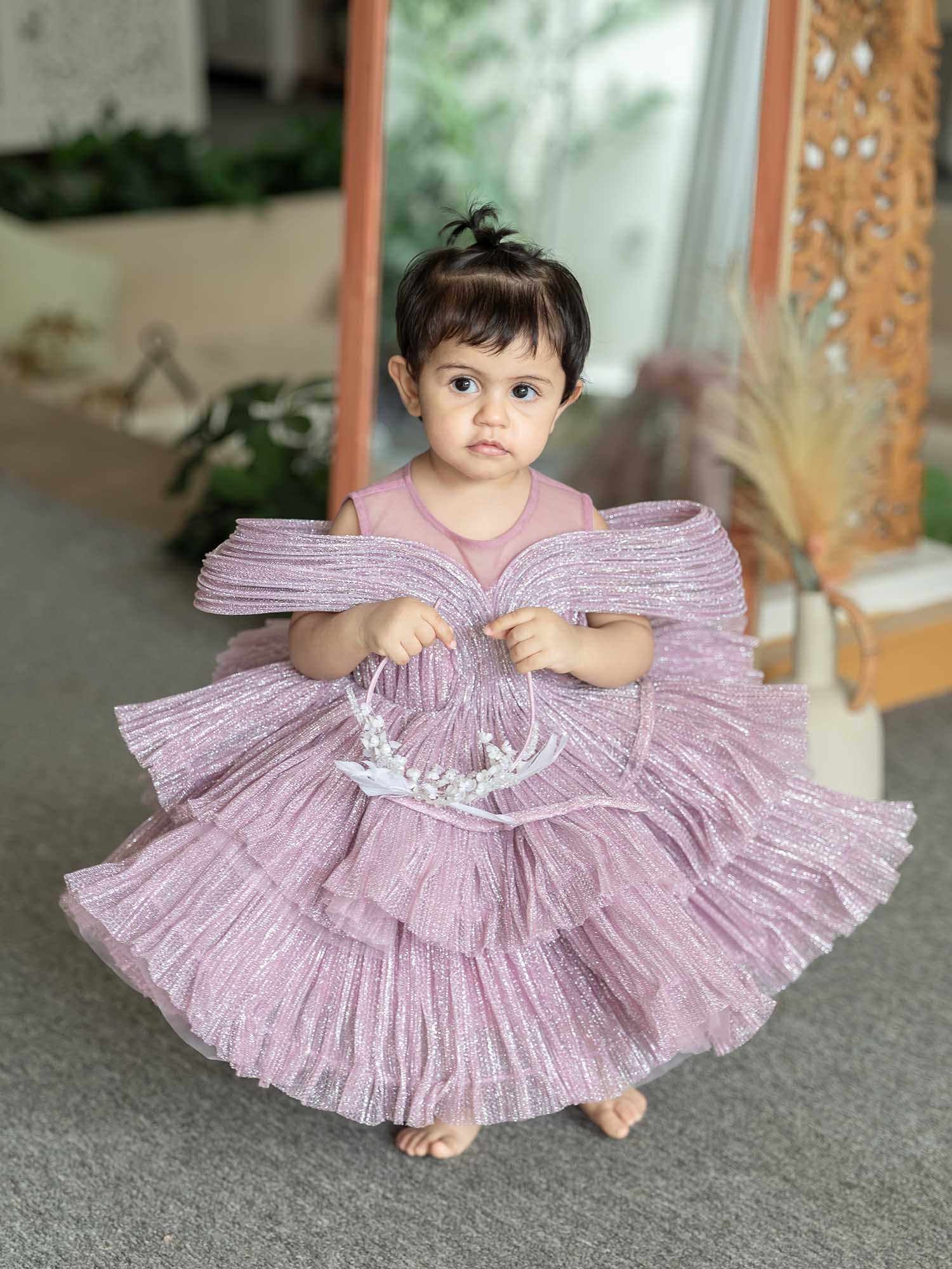 JANYAS CLOSET Ethereal Rose Pleated Gown with Removable Flair