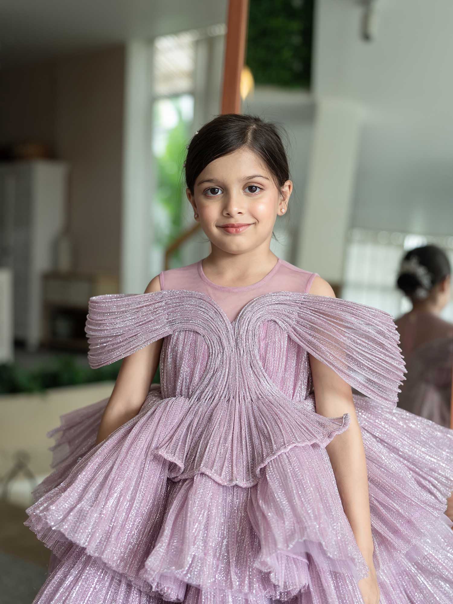 JANYAS CLOSET Ethereal Rose Pleated Gown with Removable Flair