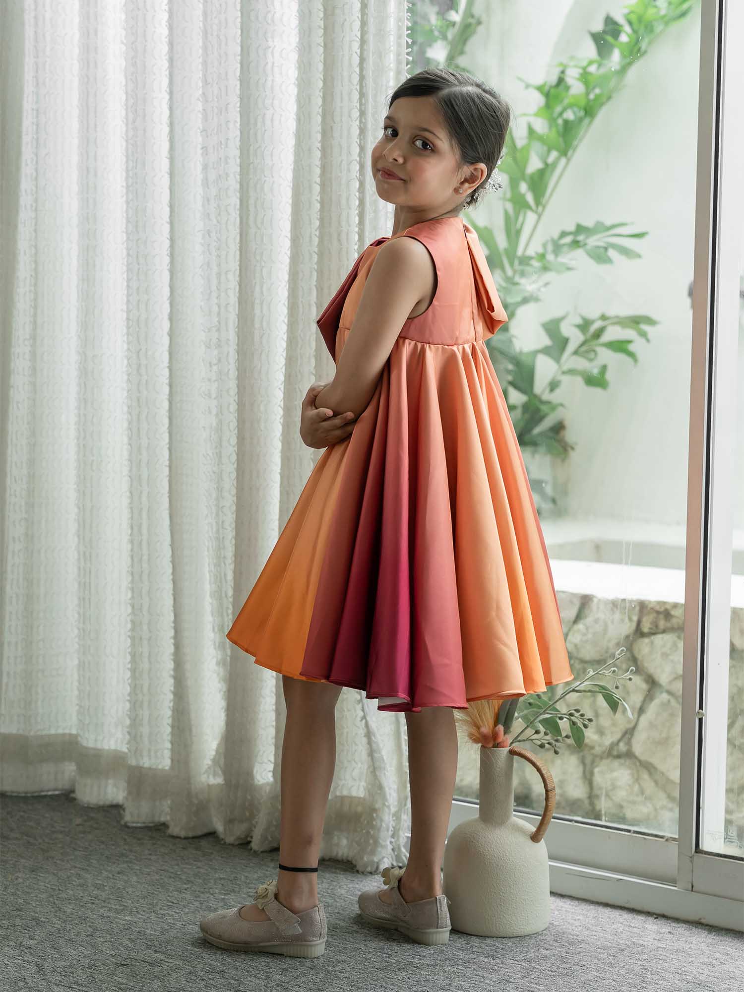 JANYAS CLSOET Ombre Rust Satin Dress with Shoulder Bow