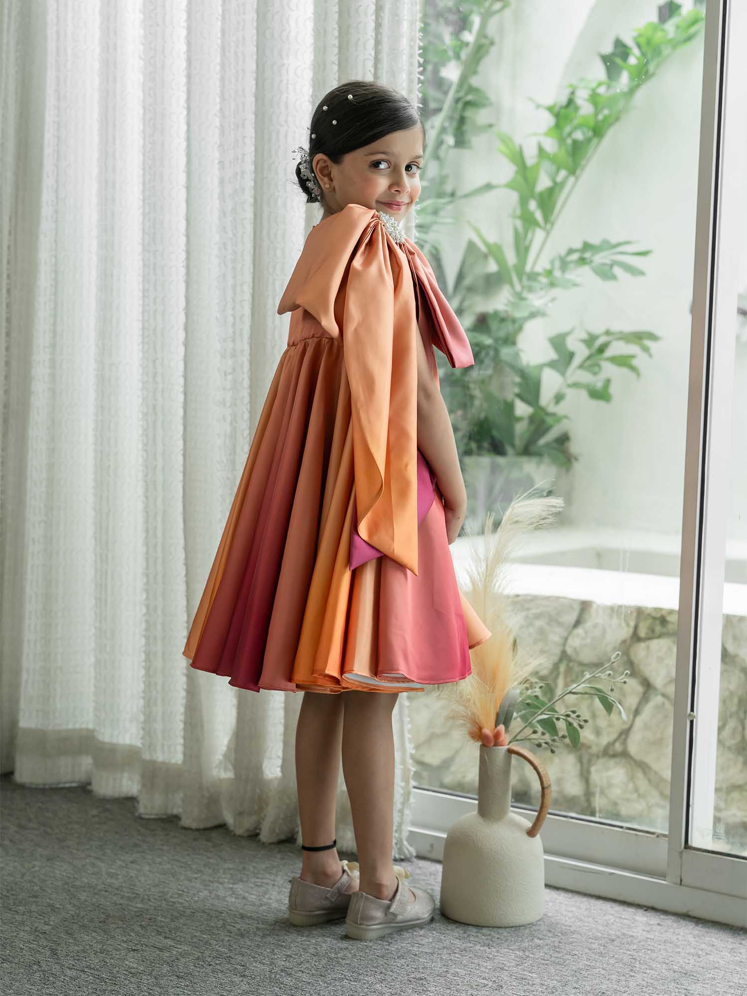 JANYAS CLSOET Ombre Rust Satin Dress with Shoulder Bow