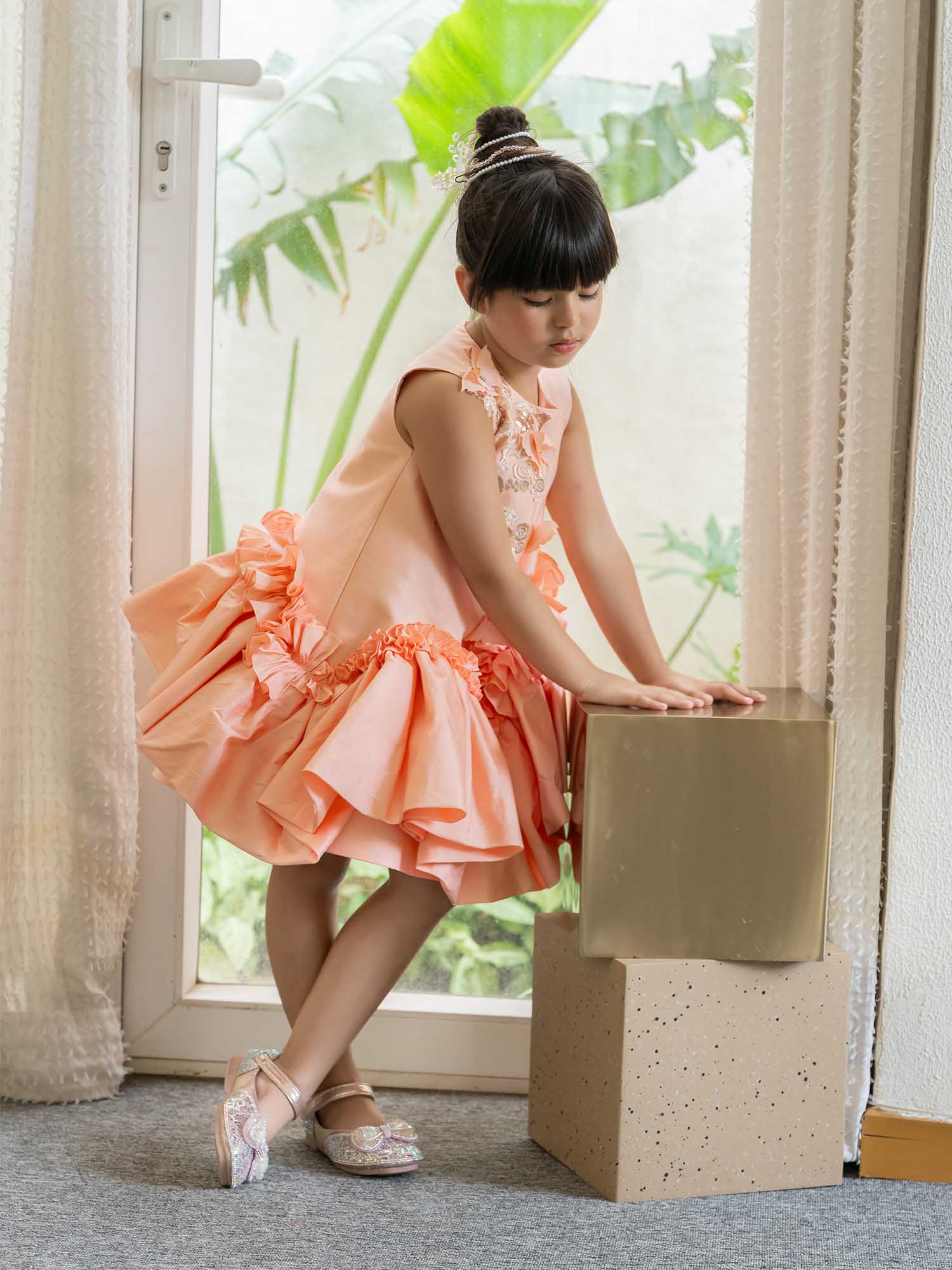JANYAS CLOSET Butterfly Charm Peach Taffeta Dress