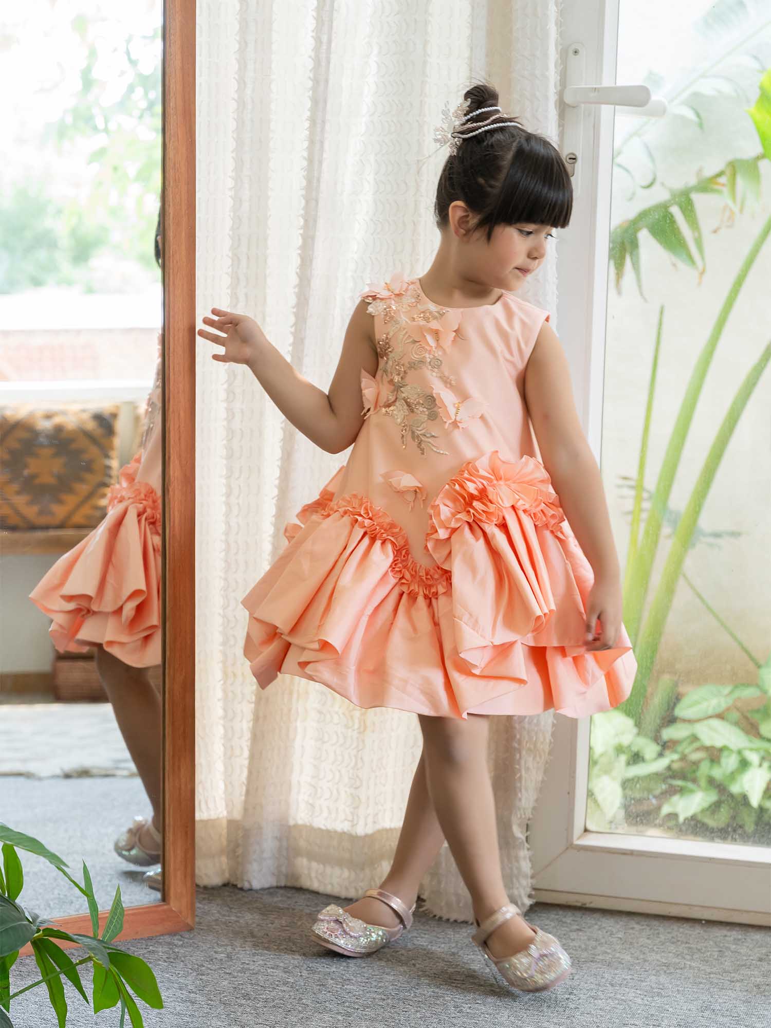 JANYAS CLOSET Butterfly Charm Peach Taffeta Dress