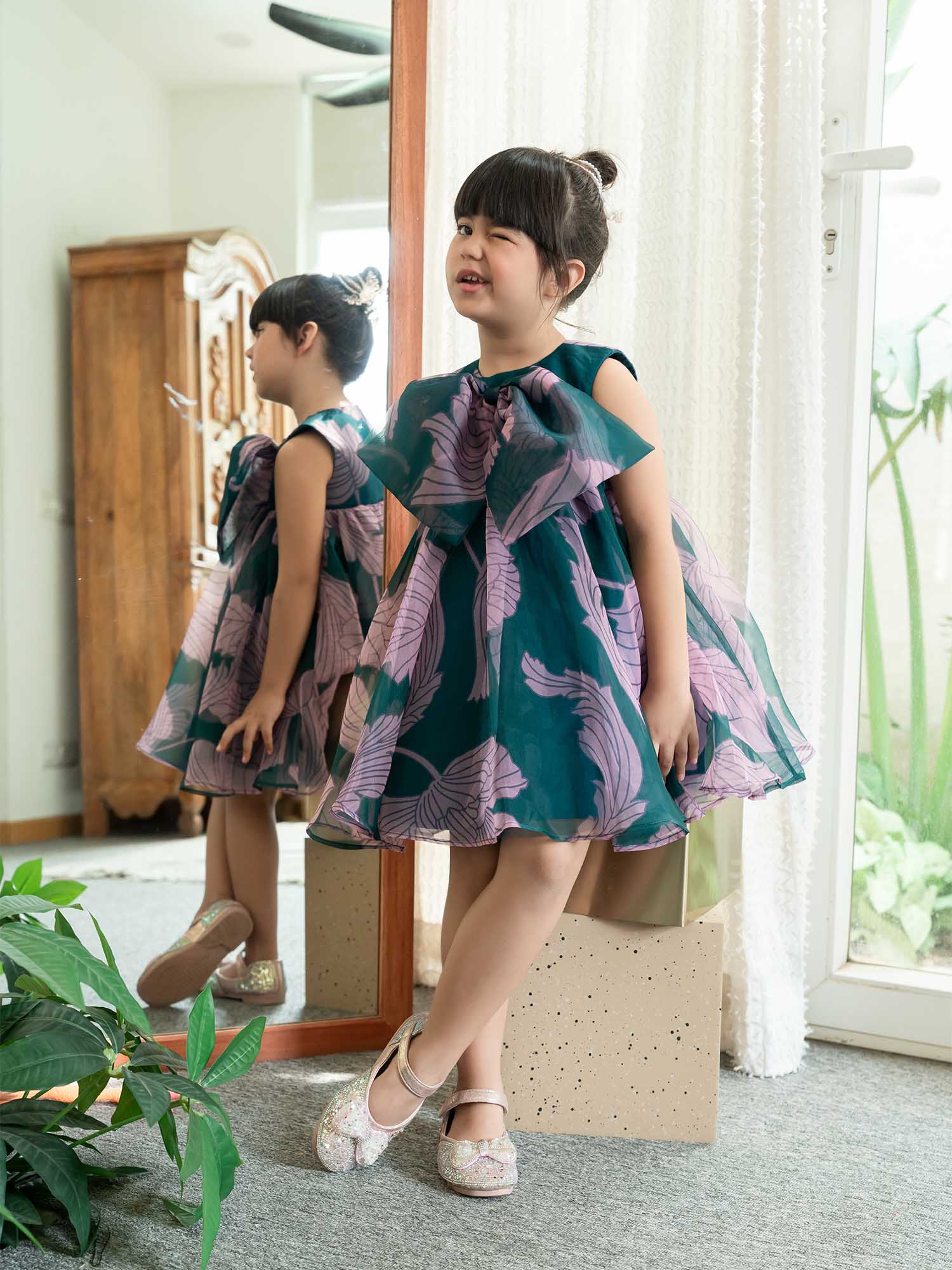 Green floral Party dress