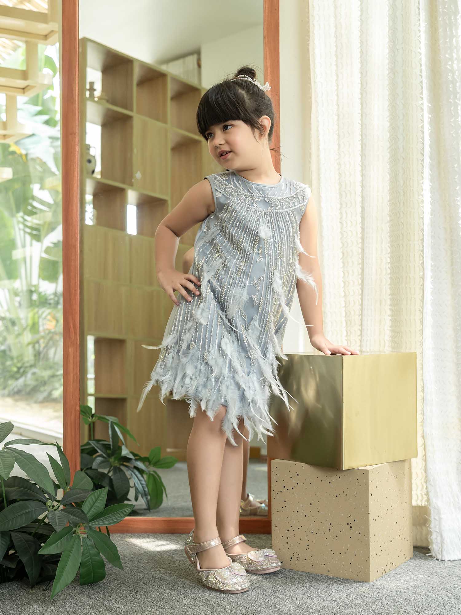 light blue feather party dress