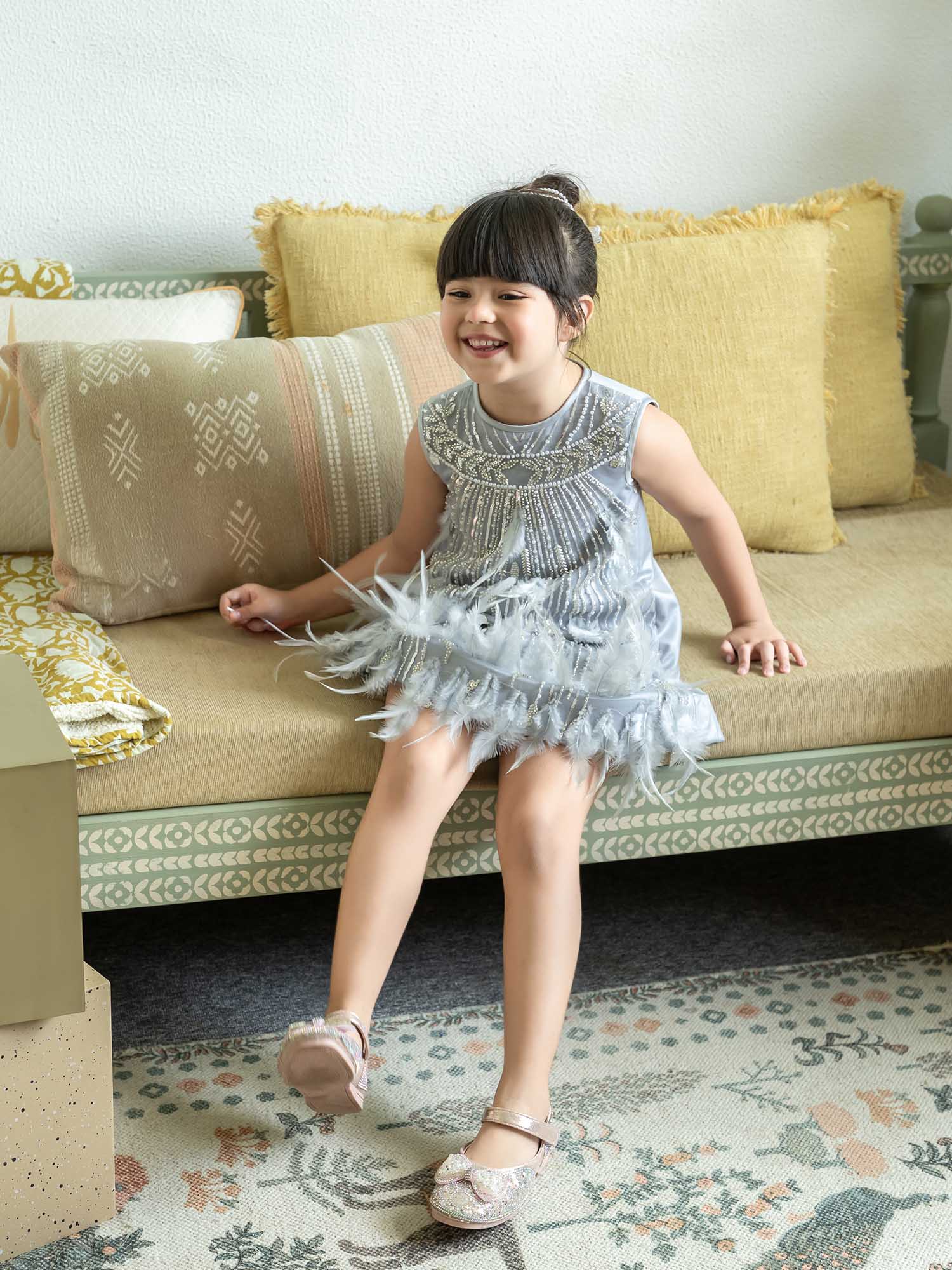 JANYAS CLOSET Couture Grey Feather Party Dress for Girls