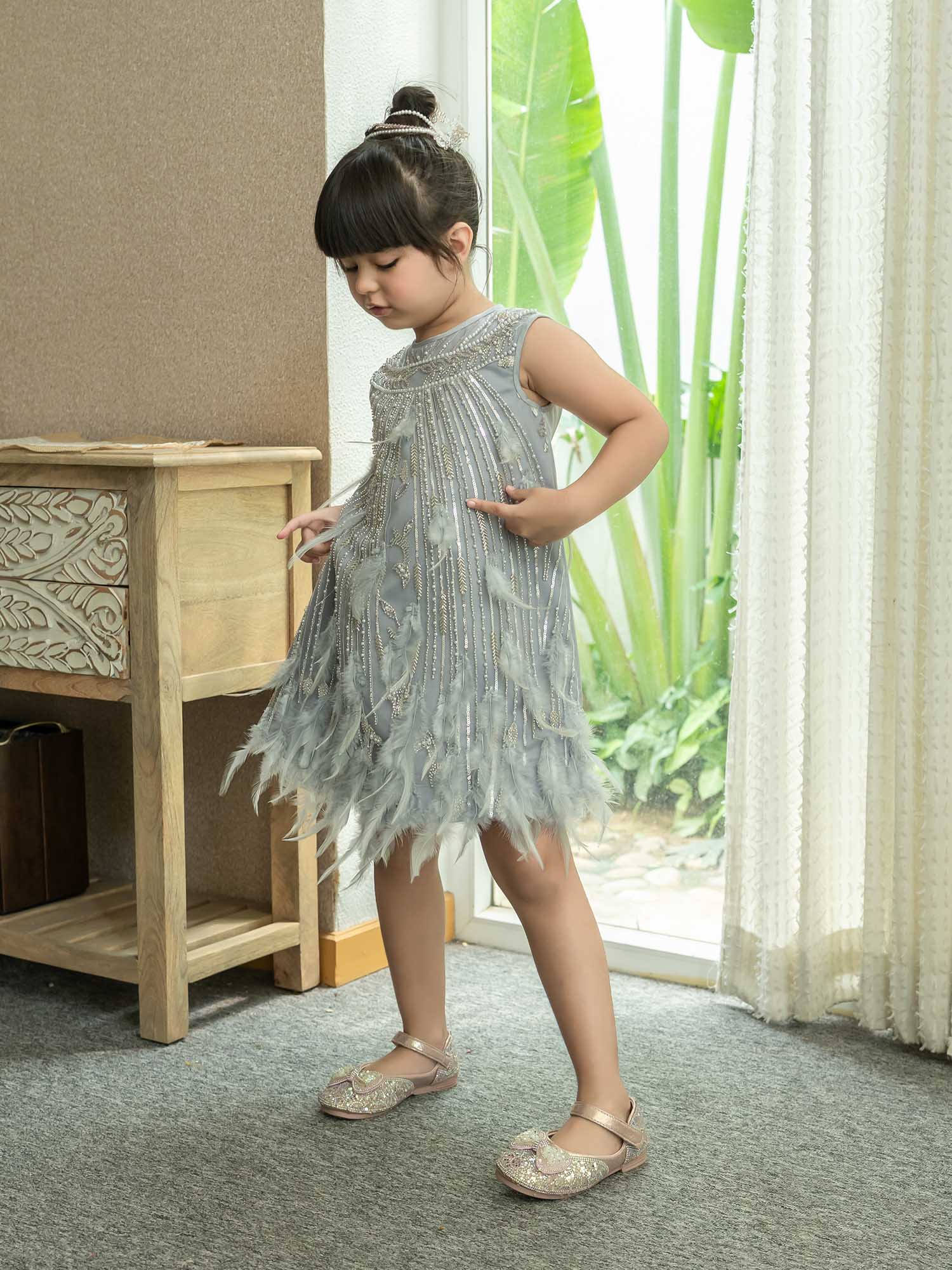JANYAS CLOSET Couture Grey Feather Party Dress for Girls