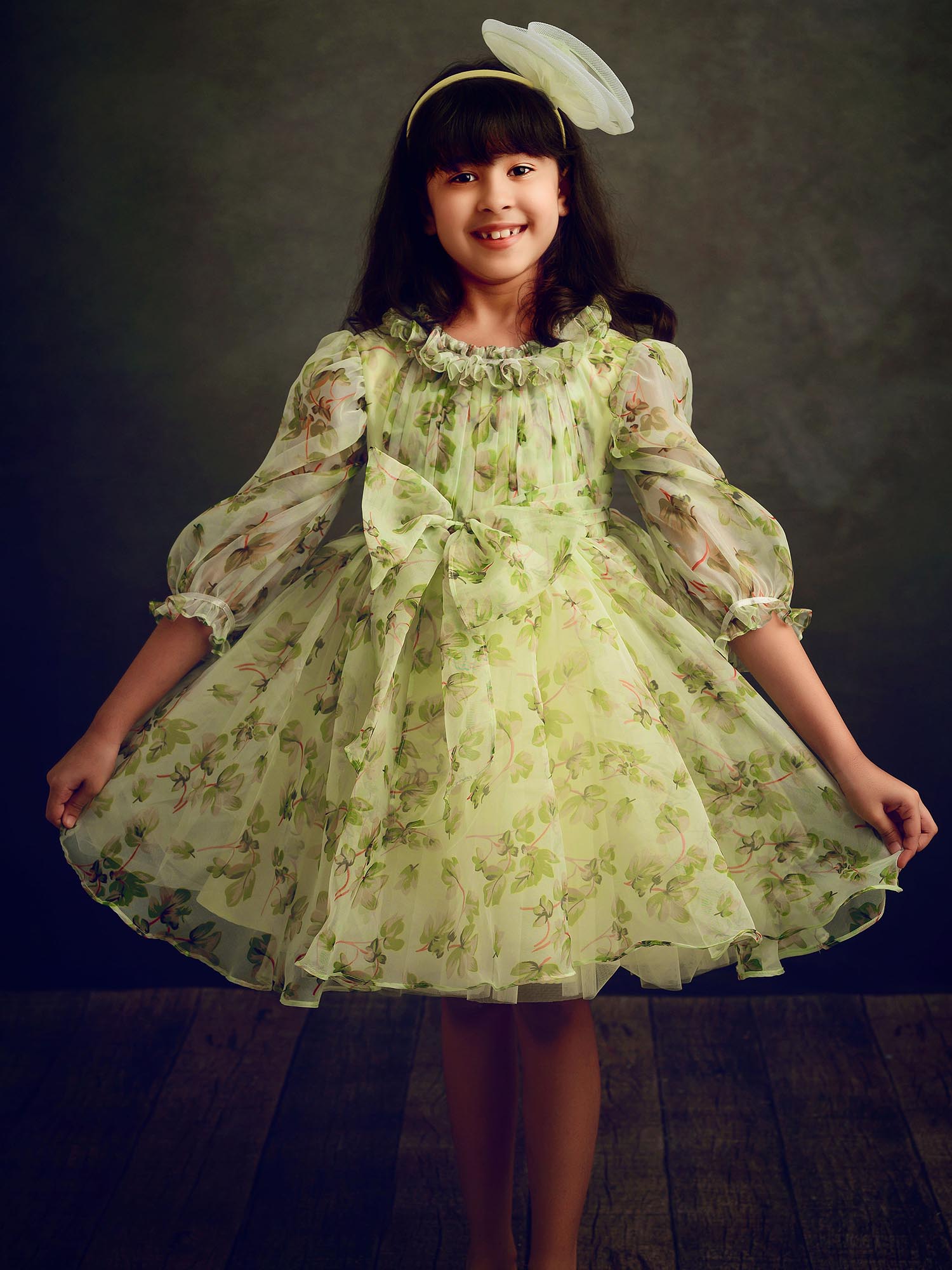 Green Floral Teens Oraganza Dress With Hair Aceesory