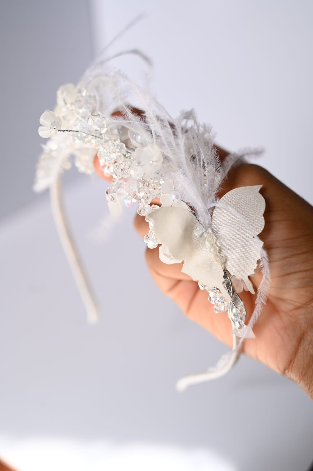 White Crystal Hair Band with Fur & Butterflies