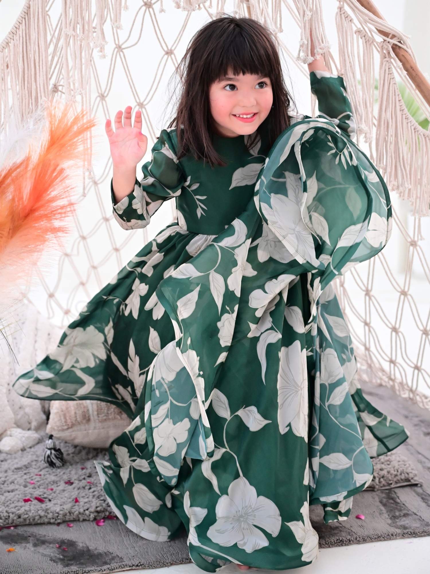 JANYAS CLOSET Bottle Green Anarkali Gown with Dupatta for Girls