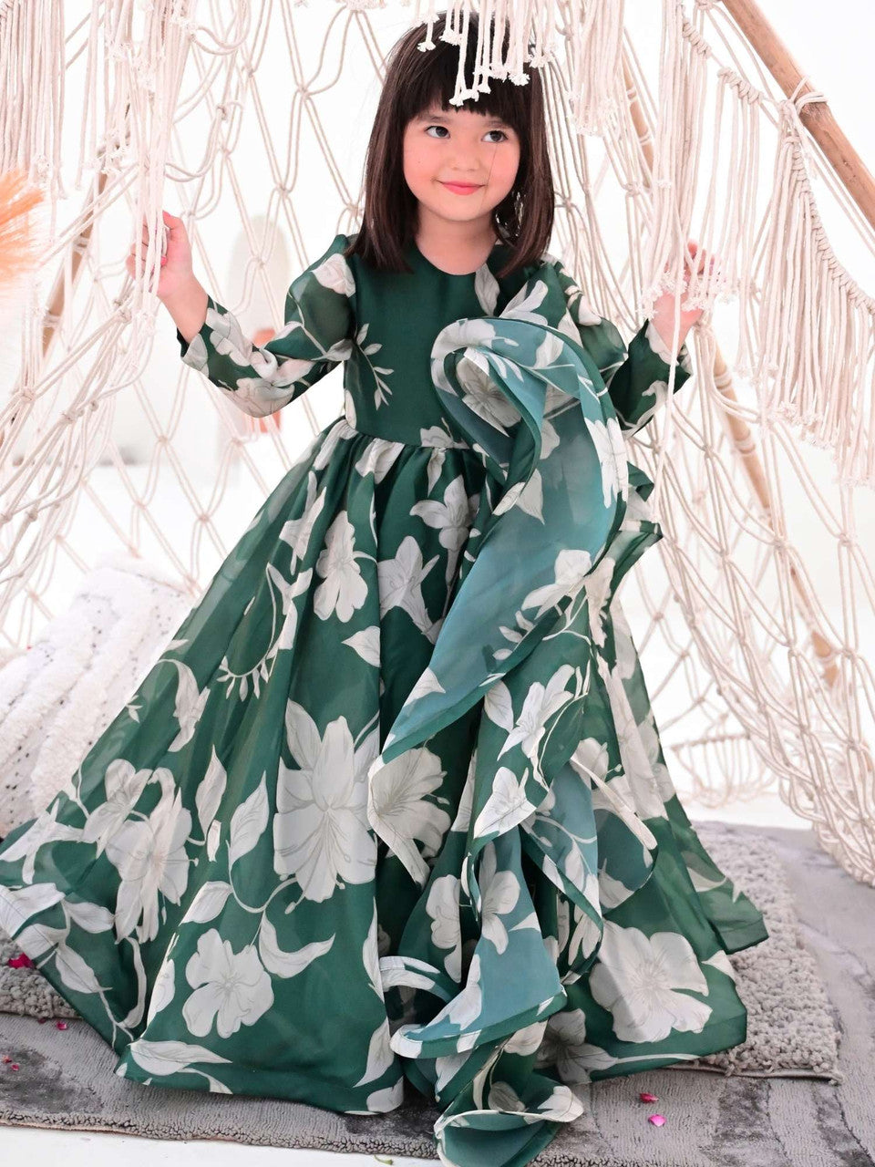 Sale JANYAS CLOSET Bottle Green Anarkali Gown with Belt and Dupatta for Girls