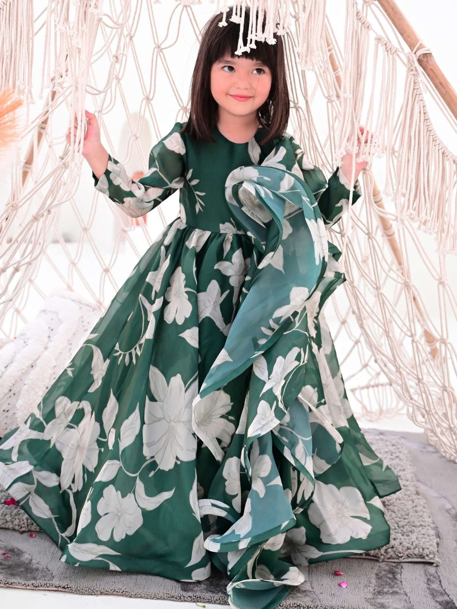 JANYAS CLOSET Bottle Green Anarkali Gown with Dupatta for Girls