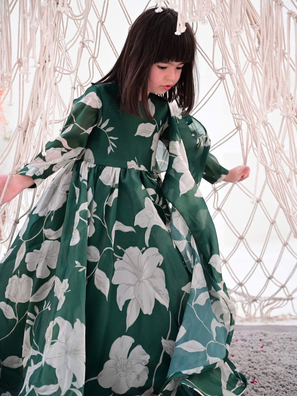 Sale JANYAS CLOSET Bottle Green Anarkali Gown with Belt and Dupatta for Girls
